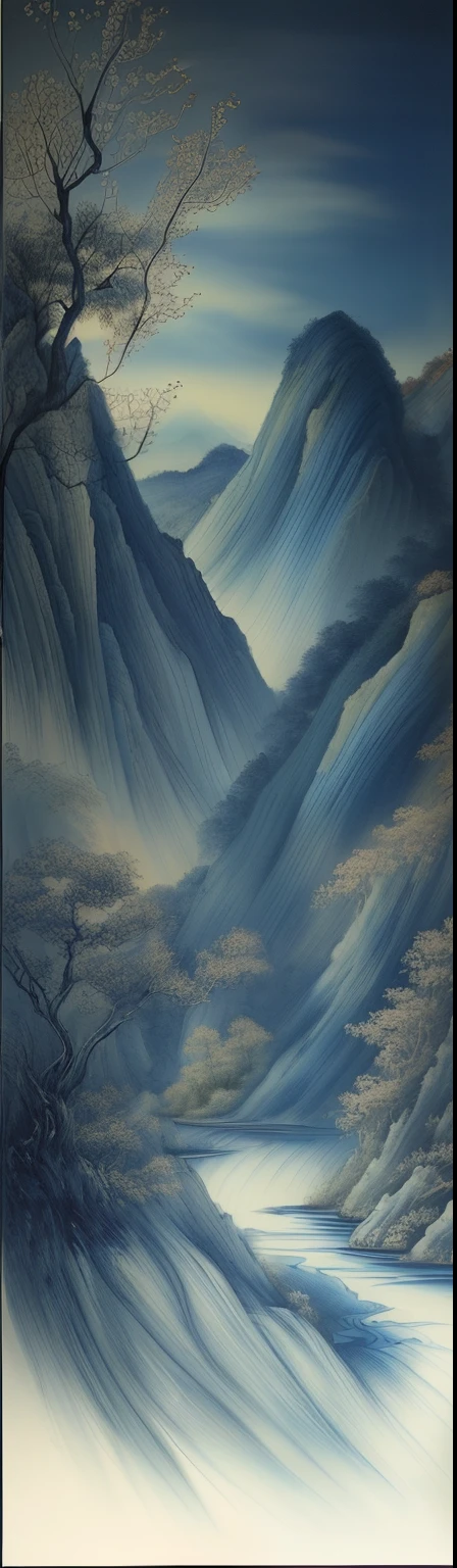 The quintessence of Chinese blue and white porcelain pattern is integrated into the innovation of artistic conception ink painting , Ink blending, Oriental fashion aesthetic art , High mountains and flowing water , Beautiful sunset, Transparent and flawless , Color is empty , Empty and color , Qing Rourou , Bai Rou , senior color matching , A feast of giant immersive art exhibitions , Advanced structural art aesthetics , Environmental atmosphere rendering , Contour light , volumettic light , Fill light effects , Filter special effects light and shadow are superior , Advanced light and shadow aesthetic texture , 16k , c4d ink rendering,5d transparent spiritual art world , Light and shadow visual art , Warm light surges through the layers , Motion capture , plump , The special effect of overlapping virtual and real shadows , wonderful , The majestic momentum between heaven and earth , peaceful life energy , Beautiful light and shadow art,Light painting rendering