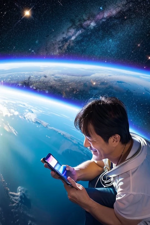 50-year-old Japanese man looking at his smartphone while floating in space,handsome smiling old man