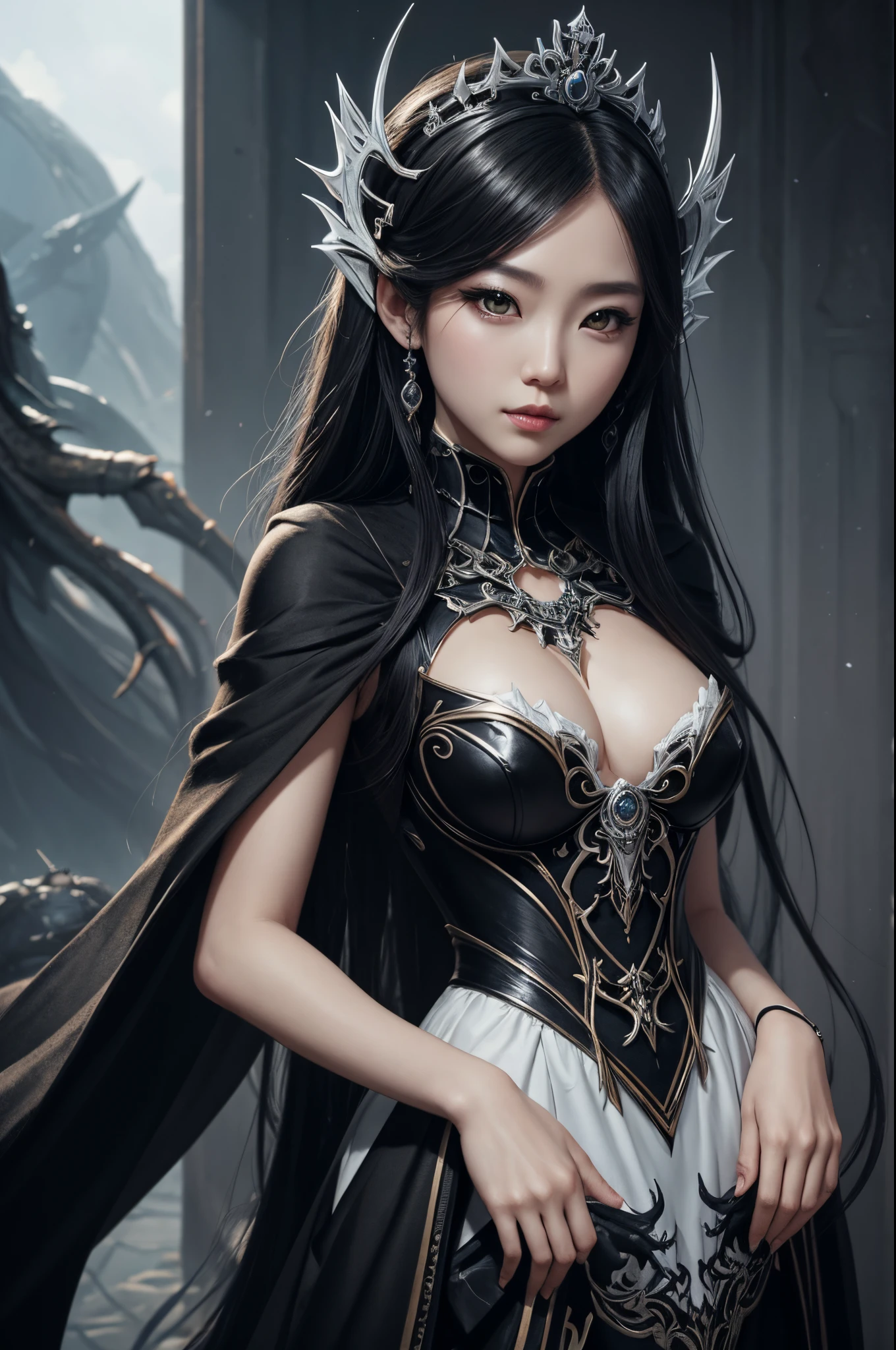 8K,There are people taking pictures wearing black and white dresses., High quality detailed art by Yang K, fanart best artstation, very detailed Artgerm, inspired by Yang Jin, Fantasy Art Style, a beautiful fantasy empress, tiny chest,Spider crest(Precise workmanship details)Trending on CGSTATION, Inspired by Yang J, beautiful character painting, ! Dream ArtGerm Haha Ne Character Art,Personification of spiders,