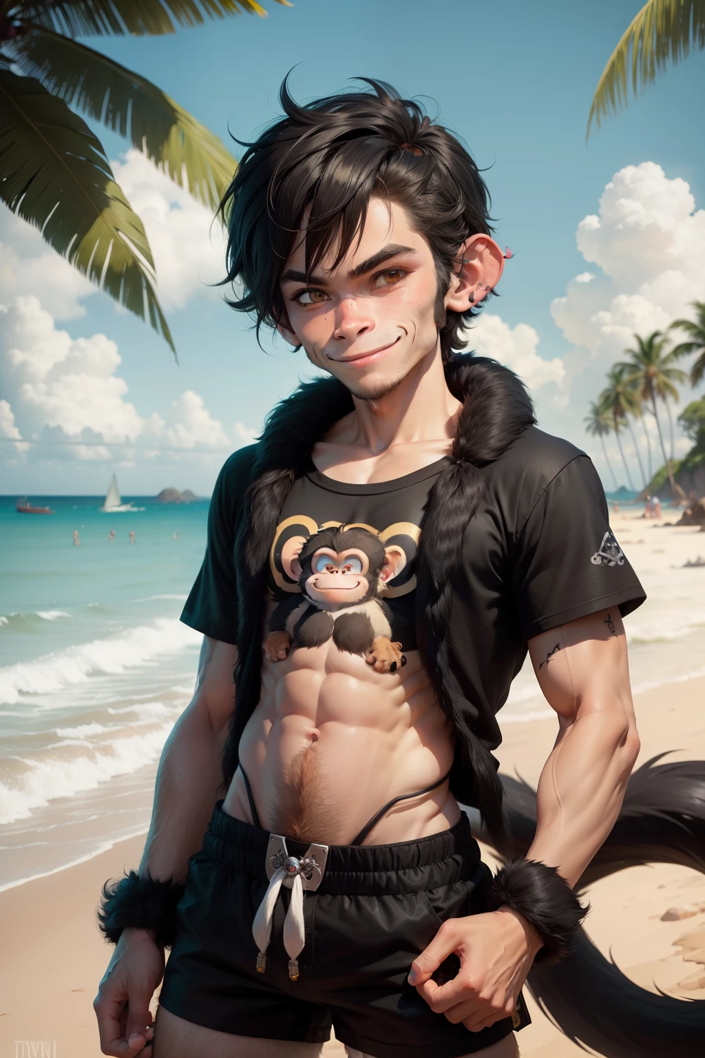 mutant boy with monkey characteristic like ears and fur and tail, make him hairy like a monkey, with t-shirt and shorts and his black fur, he has an innocent eye and smile, in the deep beautiful beach full of pirate ships "(Style: monkey tail)