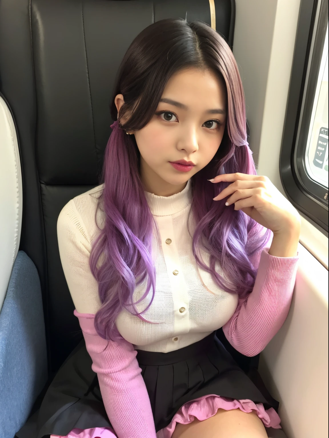 lipsticks、gals、Korean High School Girl，Sitting on the train，（（（tmasterpiece）））， （（best qualtiy））， （（intricate detailes））， （（Ultra-realistic realism））， Ridiculous resolution， A MILF， Mature Woman， ighly detailed， illustratio， 1girll，（（Large breasts））， perfect hand， Detailed finger， Beautiful detailed eyes， Lowered twin tails， Colored inner hair， Very long black hair, Very bright pink hair， with brown eye， Name badge， （ Korean style long sleeve dark pink ruffle lace up pleated skirt， Black knee-high socks:2.2），detailedbackground， Perfect seductive eyes，Slightly open mouth, ((1 fragile girl:1.2))