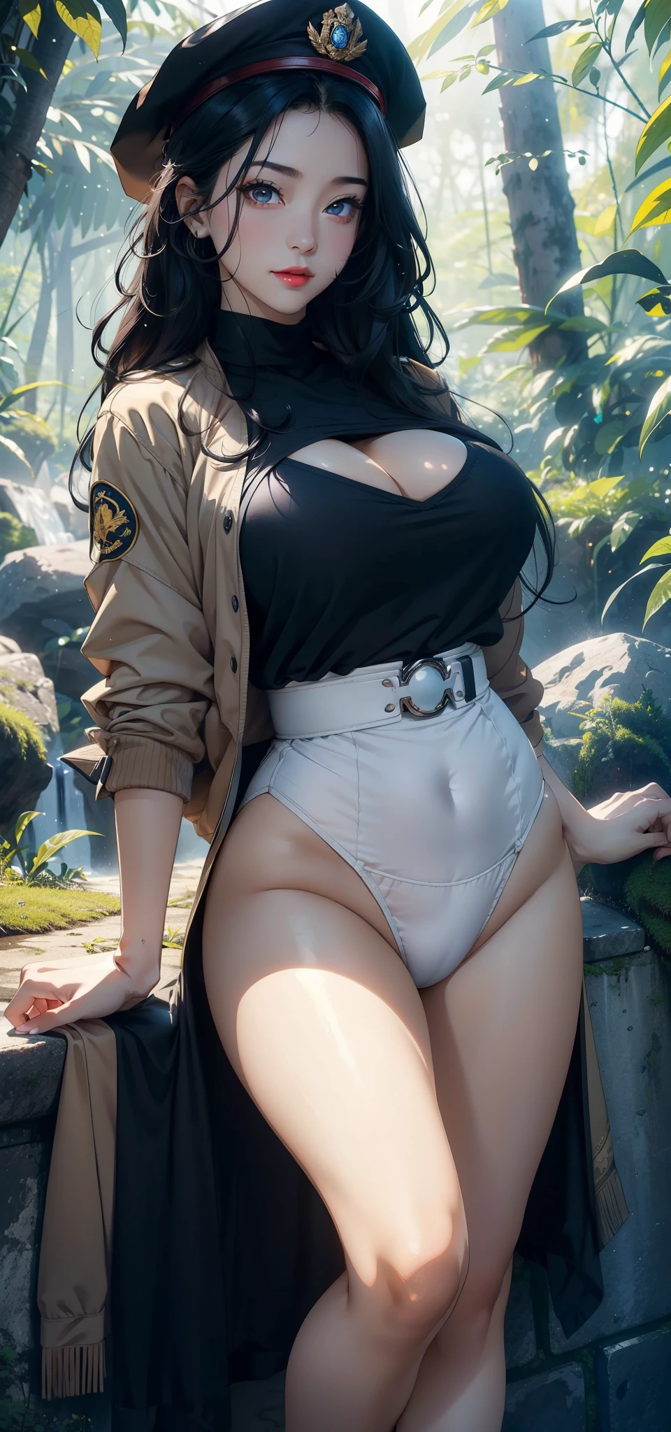1female,45 yers old,Married woman,legs long, Slim waist, photo exposure, 独奏,(Background with:at a forest,the rainforest,Ground area water) She has long black hair,Stand deep in the forest,seen from the front, curlies, sky with many clouds,(((tmasterpiece),(Very detailed CG unified 8k wallpaper),Best quality at best,电影灯光,detailed back ground,beautiful pupil,(very delicate beautiful),(Beautiful and detailed eye descriptions),ultra - detailed,tmasterpiece,))Redlip,Snow-white skin,a little bit chubby,pubic hair very large,facing at the camera,A high resolution,ultra - detailed),Revealed,Very huge,, convex,Camel toes,The cleavage protrudes,Aviator(dressed in:Officer's cap,Green baseball jacket),
