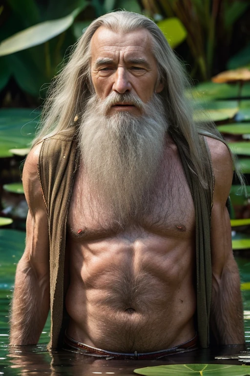 John Glover, An elder with a long beard and white hair, with a serene face wrinkles, looking producing, body older weak, skinny bones hairy, body naked, his shirt was open to reveal his stomach wrinkles older hairy weak and chest, arms legs neck hands feet skinny old and weak, shy and blushed, Lying in the water,water lily,lotus leaf,Closed eyes,master-piece,4K images,beste-Qualit