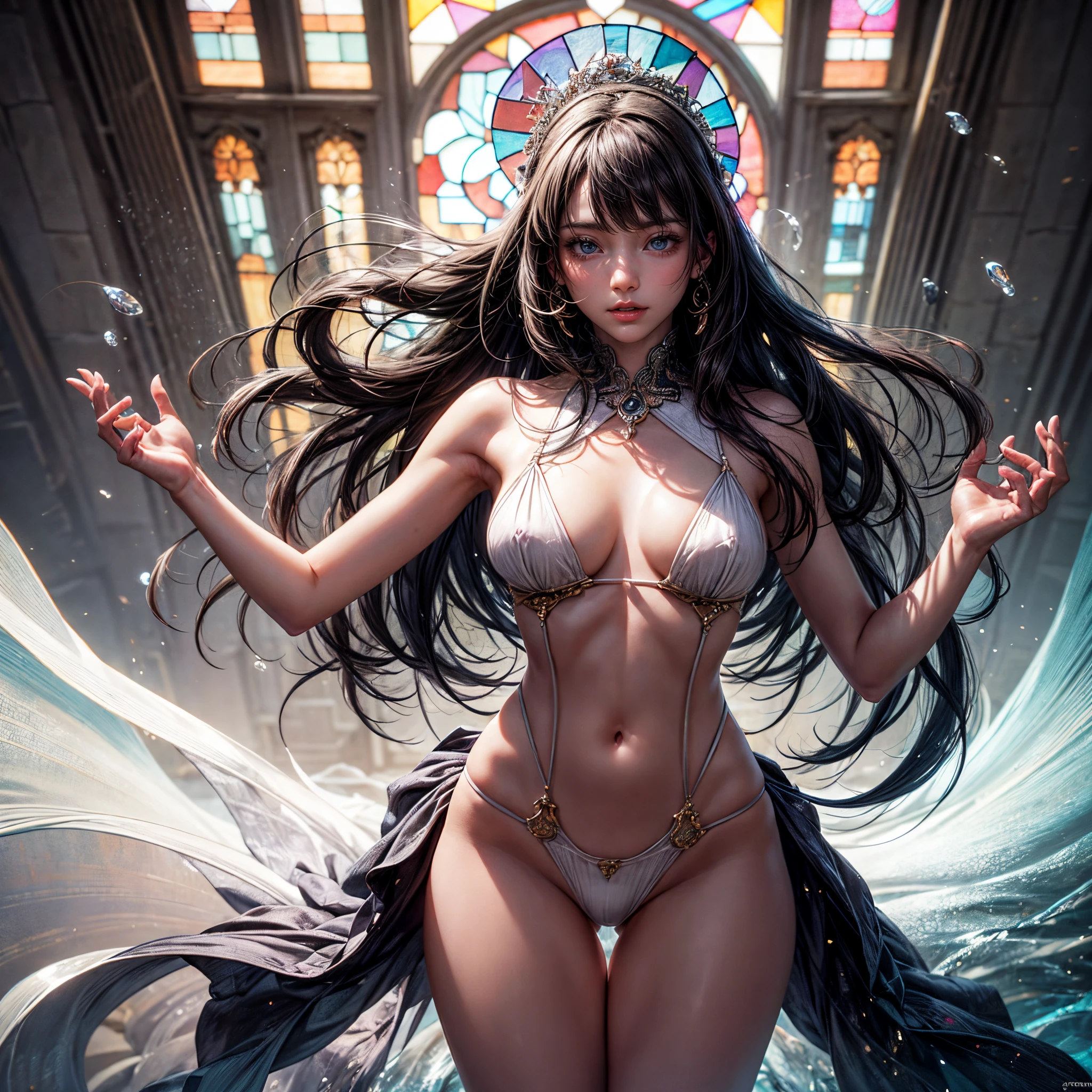 ( Masterpiece:1.25, exposed:1.2, White and vivid colors, Acutance),{ navel | pretty Ass | Detailed open crotch | Delicate lace knitted wear | energetic motion }, (tiny sexy junior idol), ((face variations)), portrayed in the best quality and high resolution. The image should be ultra-detailed, ( realistic, and photorealistic with a touch of rawness ). under the mesmerizing back lighting, (Dazzling and delicate stained glass Background). (concept art). enhancing the overall visual impact. Whole Body proportions and all limbs are anatomically accurate, (nipple:-0.9) .