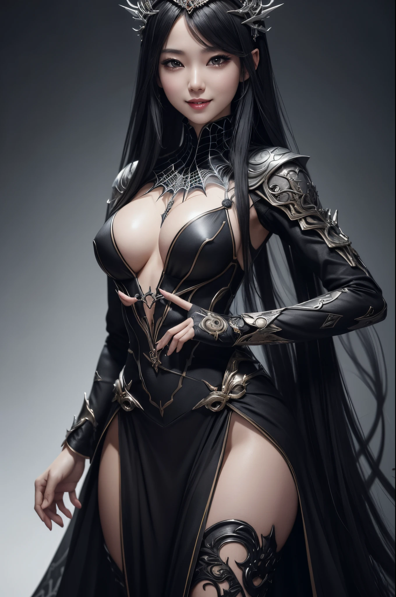 8K,There are people taking pictures wearing black and white dresses., Eyes,High quality detailed art by Yang K, fanart best artstation, very detailed Artgerm, inspired by Yang Jin, Fantasy Art Style, a beautiful fantasy empress, tiny chest,Spider crest(Precise workmanship details),Trending on CGSTATION, Inspired by Yang J, beautiful character painting, ! Dream ArtGerm Haha Ne Character Art,Personification of spiders,super realistic skin,big spider web in the background(Precise spider web details,Small breasts,show fangs from mouth,a smile,