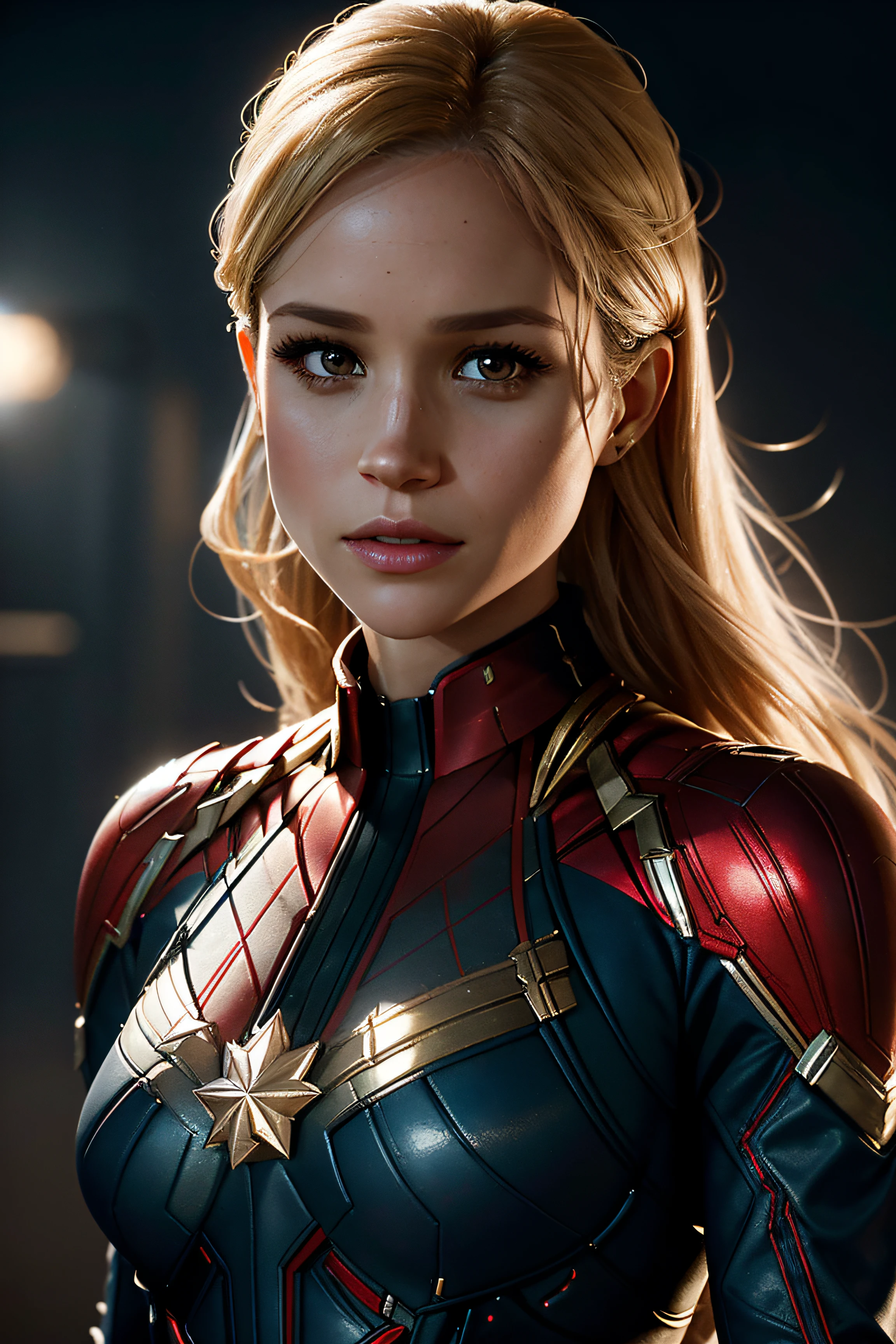 Meghan Markle, wearing Captain Marvel costume sexy clothes transparent. professionally retouched, soft lighting, realistic, smooth face, perfect eyes, sharp focus on eyes, 8 k, high definition, insanely detailed, intricate, elegant. in a natural background.