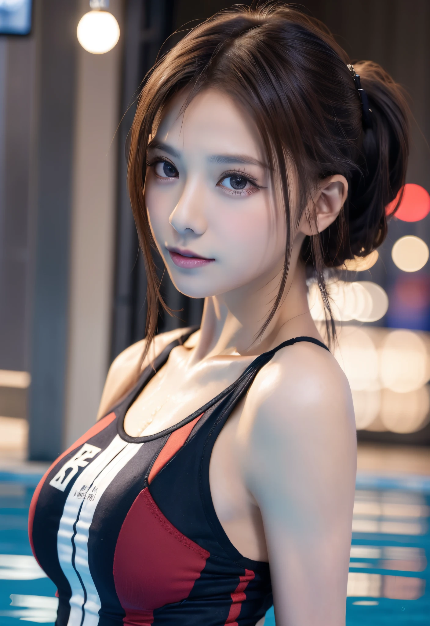 8K, of the highest quality, masutepiece:1.2), (Realistic, Photorealsitic:1.3), of the highest quality, masutepiece, Beautiful young woman, Pensive expression, Thoughtful look, Competitive swimmers、swim wears、Hair tied back, Cinematic background, Light skin tone、wetted skin