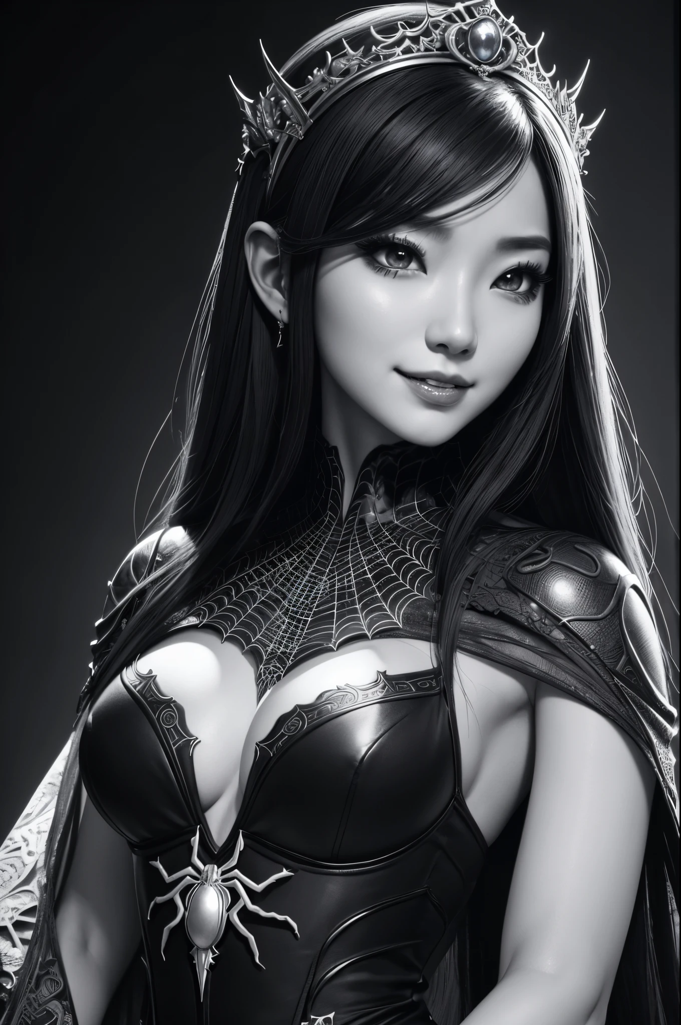 8K,There are people taking pictures wearing black and white dresses., Eyes,High quality detailed art by Yang K, fanart best artstation, very detailed Artgerm, inspired by Yang Jin, Fantasy Art Style, a beautiful fantasy empress, tiny chest,Spider crest(Precise workmanship details),Trending on CGSTATION, Inspired by Yang J, beautiful character painting, ! Dream ArtGerm Haha Ne Character Art,Personification of spiders,super realistic skin,big spider web in the background(Precise spider web details,Small breasts,show fangs from mouth,a smile,