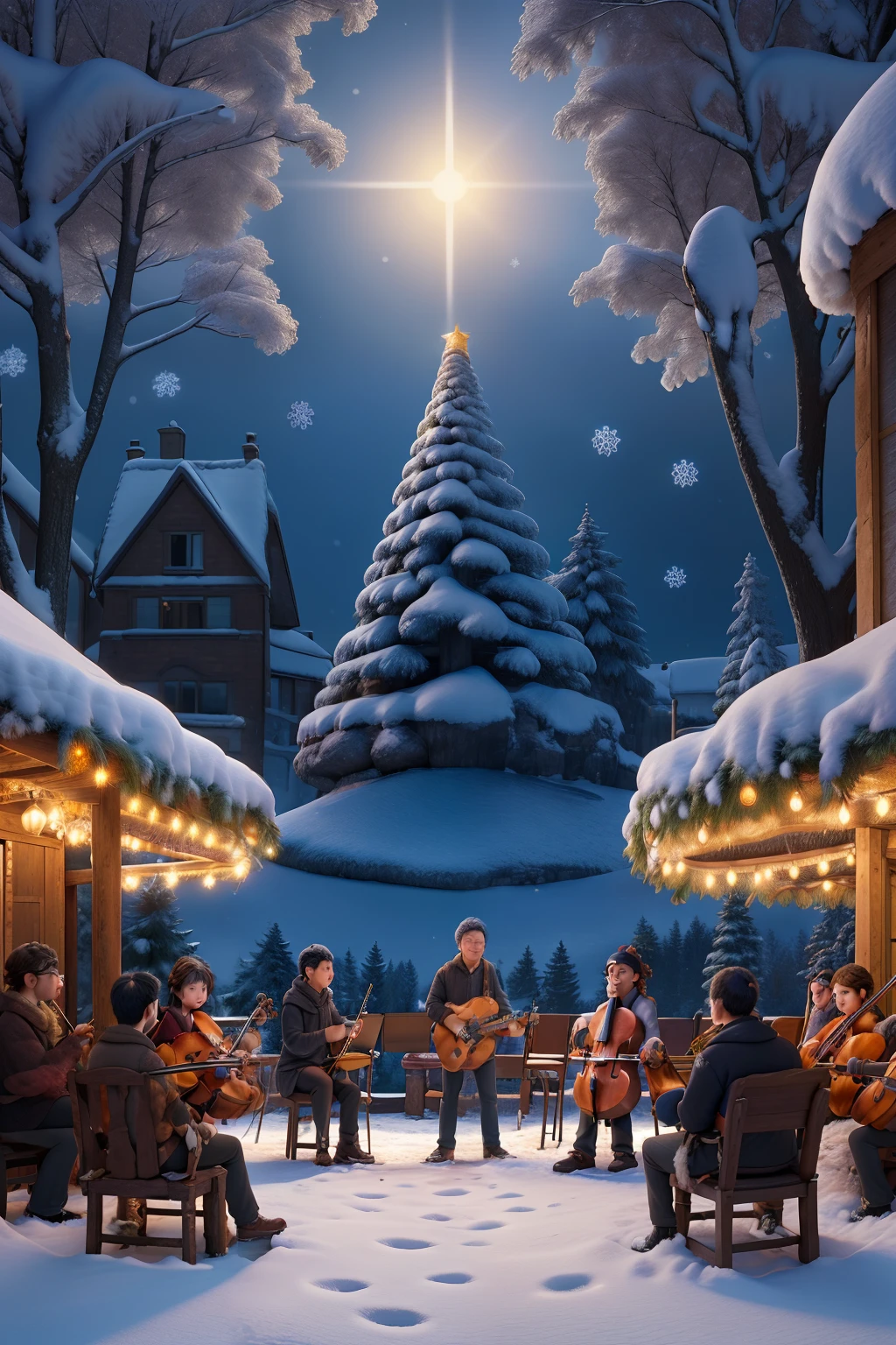 ((best quality)), ((masterpiece)), (detailed), Orchestra playing in the winter nature, on the peak or hill, beautiful view on the valey, christmas style