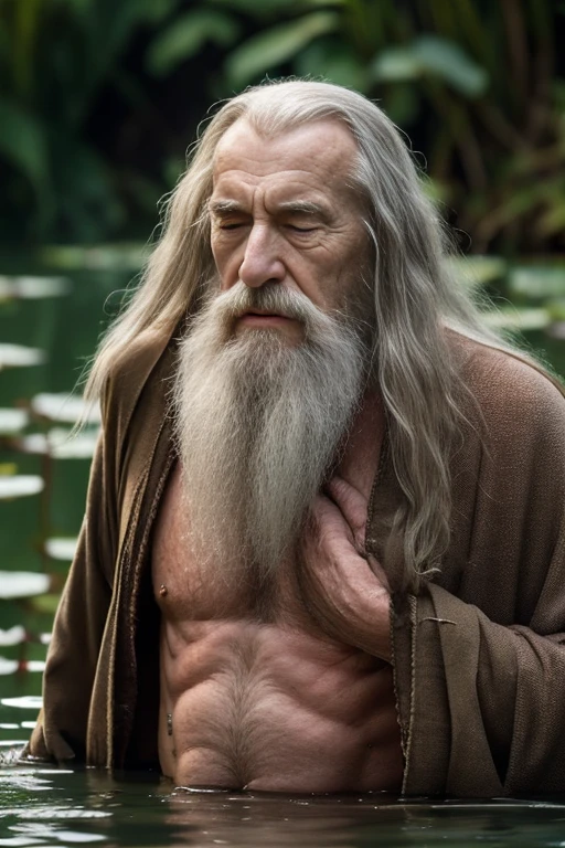 John Glover, An elder with a long beard and white hair, with a serene face wrinkles, looking producing, body older weak, skinny bones hairy, body naked, his rob was open to reveal his stomach wrinkles older hairy weak and chest, arms legs neck hands feet skinny old and weak, shy and blushed, Lying in the water,water lily,lotus leaf,Closed eyes,master-piece,4K images,beste-Qualit