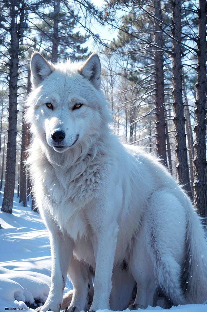 (Best quality at best,4K,ultra - detailed,A high resolution,tmasterpiece:1.2), HighDynamicRange, actual, sportrait, blond girl, Icy forest, big brown wolf, 詳細な目, 詳細な唇, Long eyelashes, snow covered trees, Fresh air in winter, Soft warm sunshine, White snowflakes, The majestic presence of the wolf, tranquil ambiance