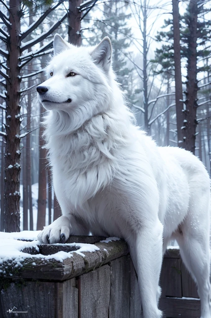 (Best quality at best,4K,ultra - detailed,A high resolution,tmasterpiece:1.2), HighDynamicRange, actual, sportrait, blond girl, Icy forest, big brown wolf, 詳細な目, 詳細な唇, Long eyelashes, snow covered trees, Fresh air in winter, Soft warm sunshine, White snowflakes, The majestic presence of the wolf, tranquil ambiance
