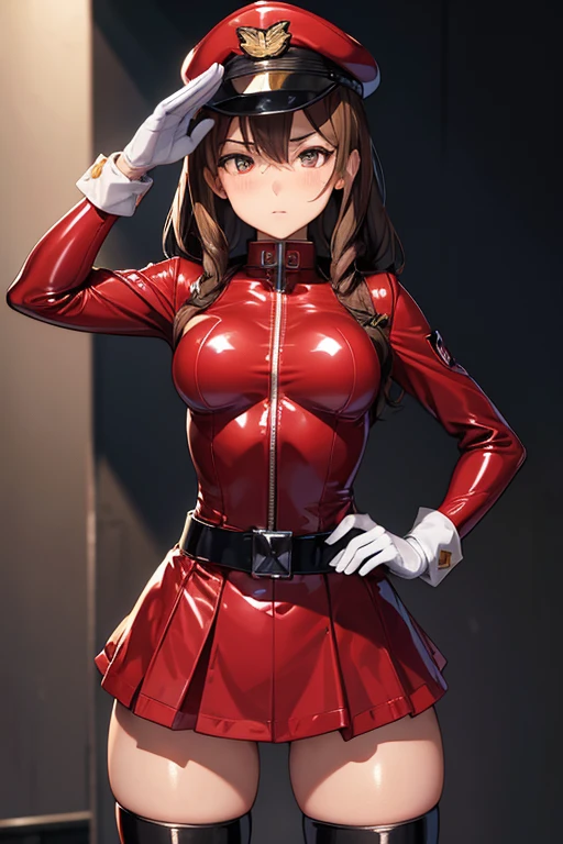 Masterpiece, Best Quality, Highly detailed, illustration, absurdres, street fighter, doll suit, shadaloo doll, agent aika, girls, multiple girls, expressionless, blank eyes, looking at viewer, red gloves, emotionless, black latex, corrution, mind control, female combatant, full body, hypnotized, unhappy trance, full body suit, leotard, perfect female body, extremely glossy latex, belt, hypnosis, hypnoLora, empty eyes, Mind control device, thigh high, poses, submissive_pose, visor, standing, standing at attention, standing at attention, Slave, full tight leg, hat, ribbed bodysuit, nazi saluting, military, military saluting, salute, naughty face, thick_thighs, latex thigh boots, dark magical girl, layered skirt, showgirl skirt, Menjou Hare, guilty crown, brown hair, gold eyes,