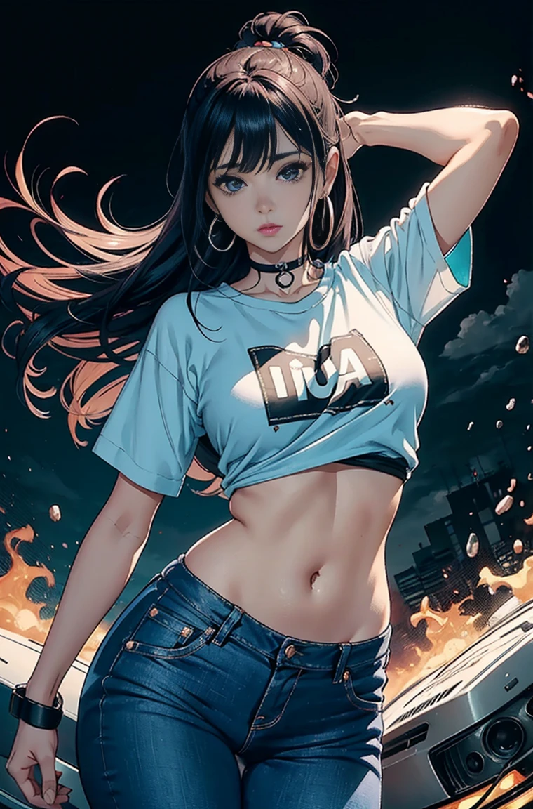 (Hinata Hyuga, muito sensual, com roupas apertadas, bunda grande, pernas grossas, Wearing extremely tight jeans, usando uma mini blusa, umbigo com pirsing, cabelo grande, Speaker behind, muito realista, extremamente sexy, 8k, 8k extremamente detalhado), (um extremamente delicado e bonito), (obra-prima), (melhor qualidade: 1.0), (ultra highres:1.0)