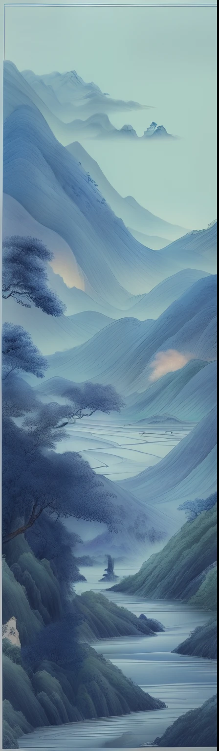 The quintessence of Chinese blue and white porcelain pattern is integrated into the innovation of artistic conception ink painting , Ink blending,Green tone, Oriental fashion aesthetic art , High mountains and flowing water , Beautiful sunset, Transparent and flawless , Color is empty , Empty and color , Qing Rourou , Green and soft,Bai Rou , senior color matching , A feast of giant immersive art exhibitions , Advanced structural art aesthetics , Environmental atmosphere rendering , Contour light , volumettic light , Fill light effects , Filter special effects light and shadow are superior , Advanced light and shadow aesthetic texture , 16k , c4d ink rendering,5d transparent spiritual art world , Light and shadow visual art , Warm light surges through the layers , Motion capture , plump , The special effect of overlapping virtual and real shadows , wonderful , The majestic landscape between heaven and earth , peaceful life energy , Beautiful light and shadow art,Light painting rendering