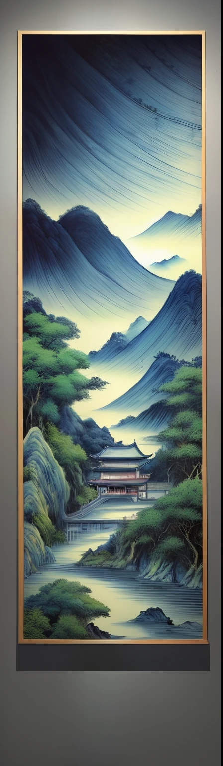 The quintessence of Chinese blue and white porcelain pattern is integrated into the innovation of artistic conception ink painting , Ink blending,Green tone, Oriental fashion aesthetic art , High mountains and flowing water , Beautiful sunset, Transparent and flawless , Color is empty , Empty and color , Qing Rourou , Green and soft,Bai Rou , senior color matching , A feast of giant immersive art exhibitions , Advanced structural art aesthetics , Environmental atmosphere rendering , Contour light , volumettic light , Fill light effects , Filter special effects light and shadow are superior , Advanced light and shadow aesthetic texture , 16k , c4d ink rendering,5d transparent spiritual art world , Light and shadow visual art , Warm light surges through the layers , Motion capture , plump , The special effect of overlapping virtual and real shadows , wonderful , The majestic landscape between heaven and earth , peaceful life energy , Beautiful light and shadow art,Light painting rendering