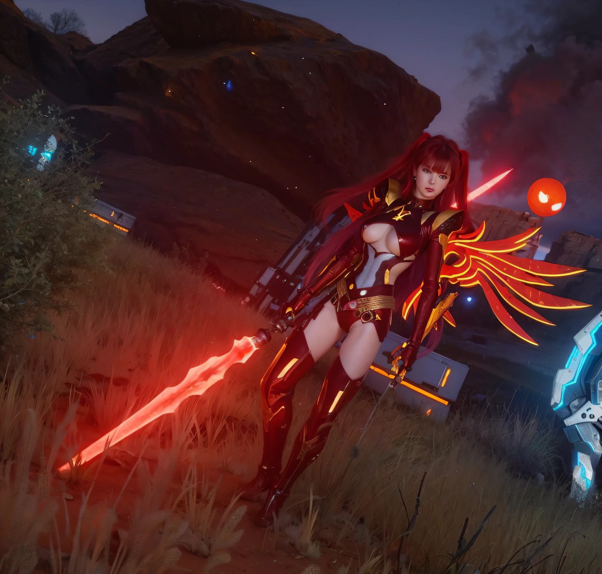 red messy hair, red armor with yellow highlights and underboob, bright red wings, red double saber, stern face