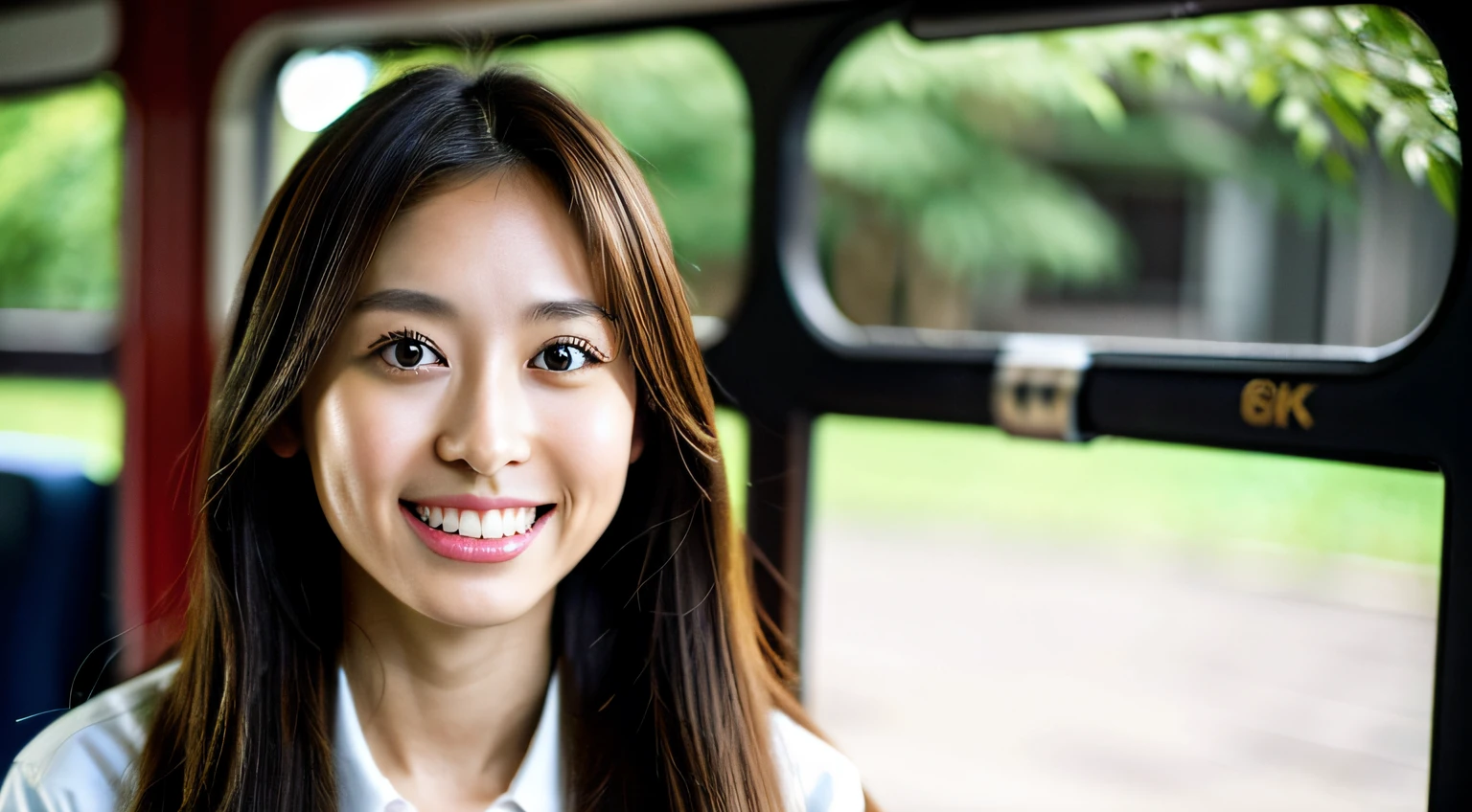 (masutepiece, Best Quality, 8k RAW photo, Photorealistic:1.37), 1girl in, lightsmile, Long hair, Brown hair, medium breasts, Dynamic lighting, , One,The background is a bus,bus guide