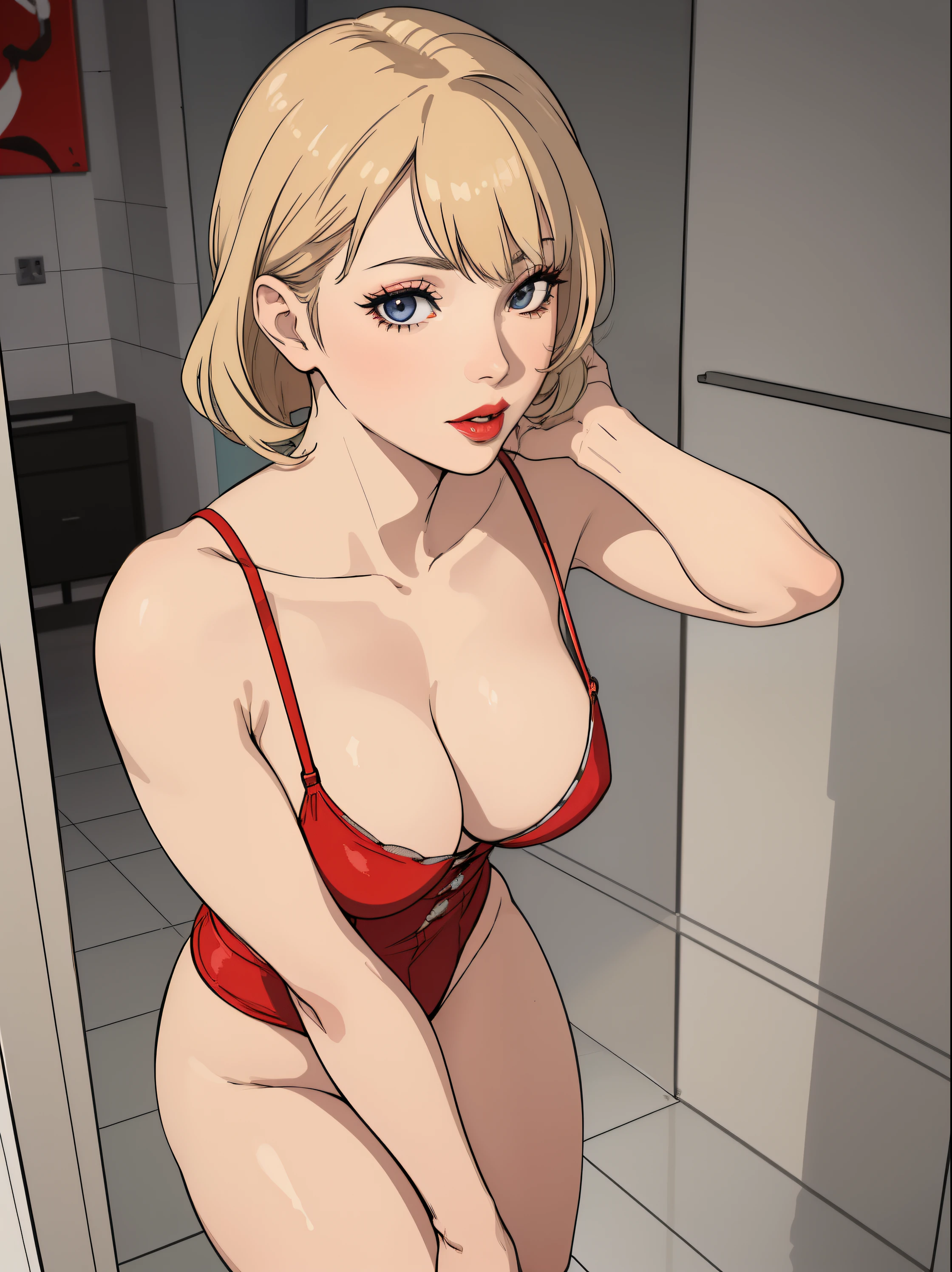 masterpiece, ,(solo:1.1), perfect face, (bright lighting:1.2),beautiful detailed eyes, extremely detailed face, perfect lighting,masterpiece, best quality, ((mature female)), ((medium breasts)), 30yo female, 1girl, red lips, provocative, slim waist, tease, lips, lipstick, red lips, red lipstick, woman, bold lips, thick lips , natural breast, hot pose, full body, blone, blonde