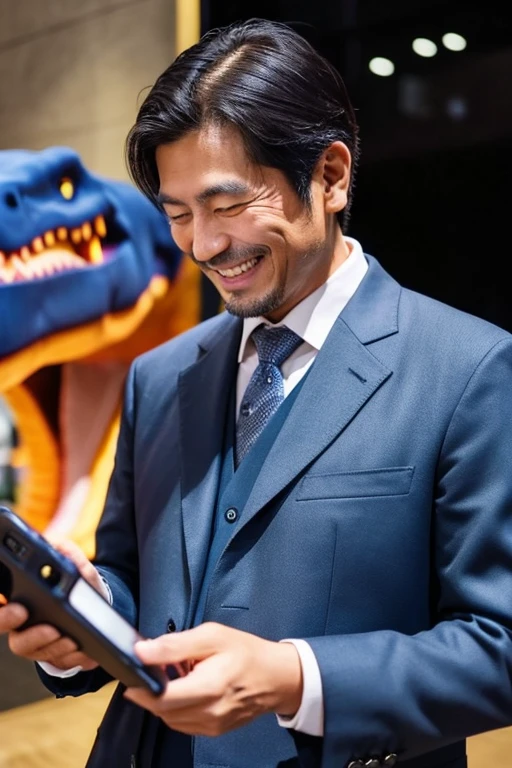 A 40-year-old Japanese man looking at his smartphone with a dinosaur,handsome smiling old man,wears a suit
