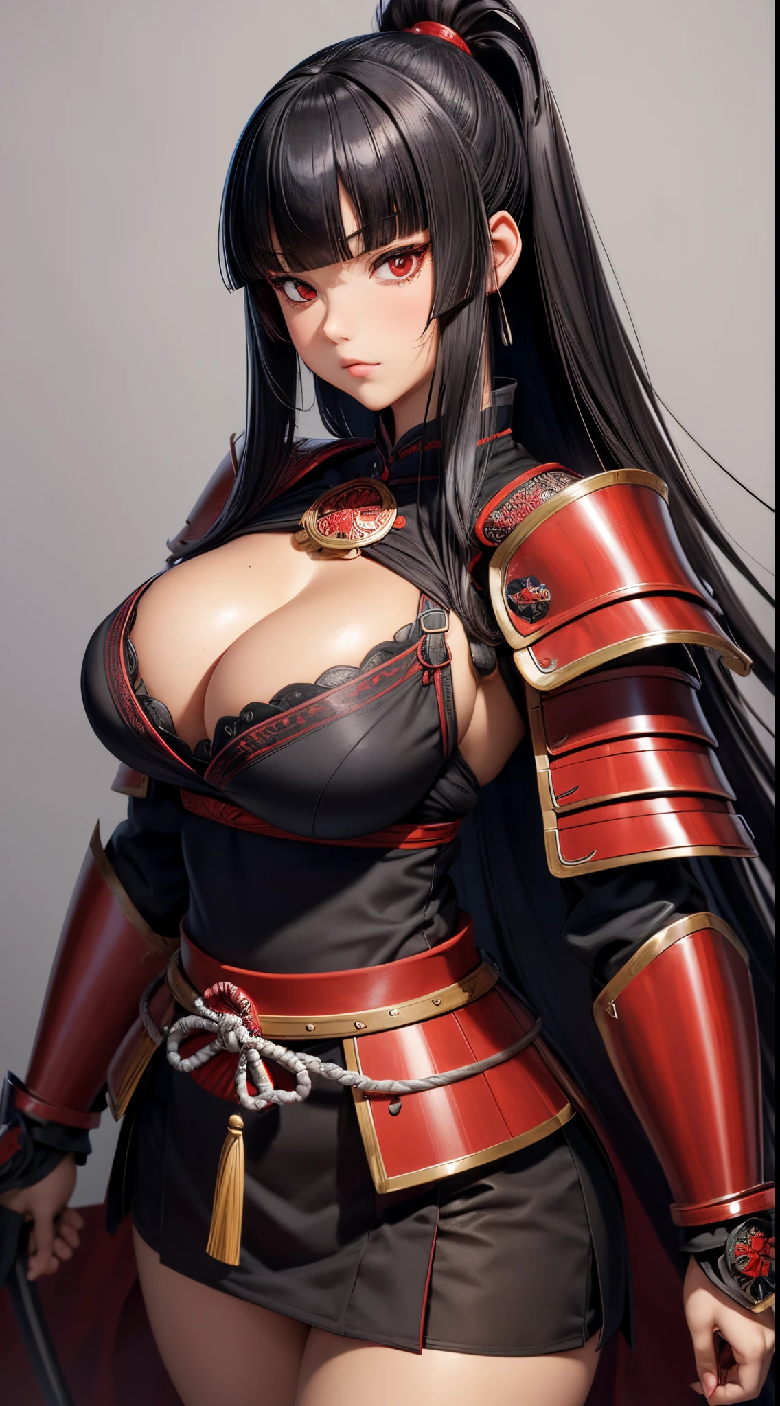 ((Best Quality)), ((masutepiece)), (Detailed), Perfect face　A detailed face　younggirl　cleavage of the breast　red eyes　long, thick black hair　 Blunt bangs　Solid background color　is standing　wear samurai armor