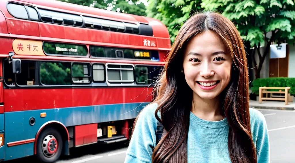 (masutepiece, Best Quality, 8k RAW photo, Photorealistic:1.37), 1girl in, lightsmile, Long hair, Brown hair, medium breasts, Dynamic lighting, , One,The background is a bus,bus guide,Sightseeing Bus,The background is a tourist spot