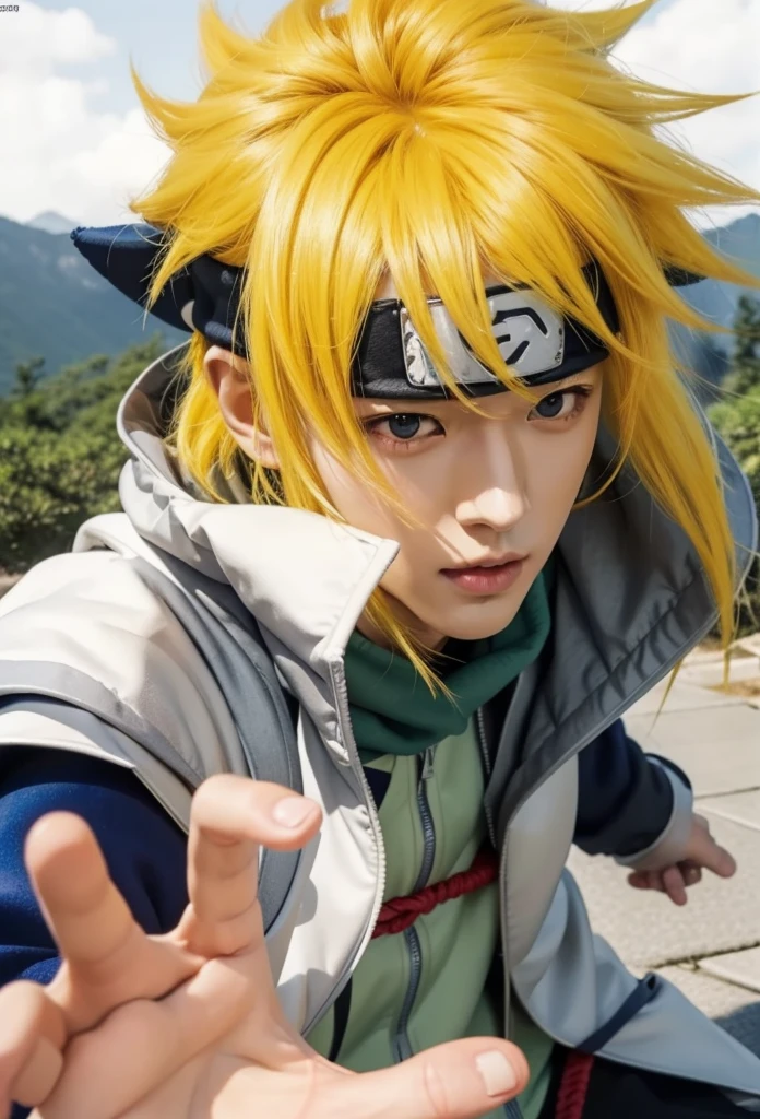 Real life adaption of this character,his name is Minato Namikaze from anime Naruto,Korean handsome handsome face,realistic yellow messy hair,realistic outfit with white cloak,realistic light,realistic shadow,realistic background,(photorealistic:1.2),realistic hand