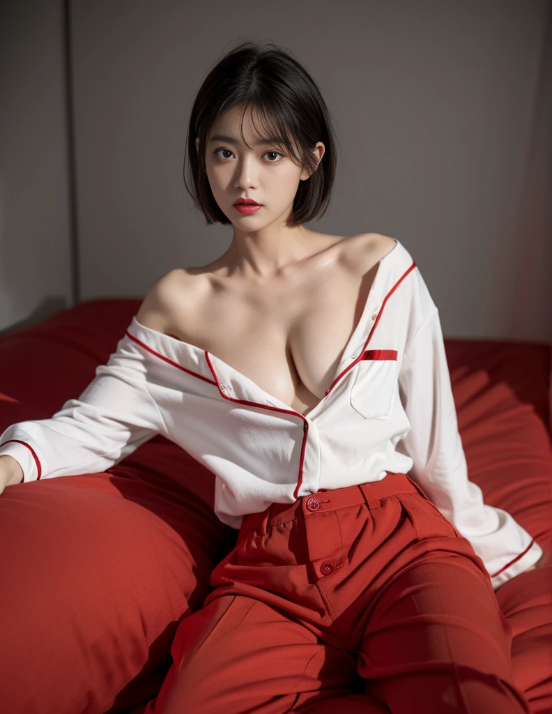 Best quality at best, tmasterpiece, 超高分辨率, (realisticlying:1.5),Award-winning,  RAW photogr, Off the shoulder style, in the darkness nigth, deep shading, low tune, cold light, Sexy look, short detailed hair ,  , indoor, Glossy glossy skin, Beautiful and delicate face, Beautiful exquisite eyes ,(actual, photograph realistic:1)  , Lighting studio , Anatomically correct , (White and red theme:1.5) , Mark Rothko, No pants, (Unbutton your shirt:1.5), (Gray pajamas:1.2), (The top is white, (Beds), girl's room,25 age old,