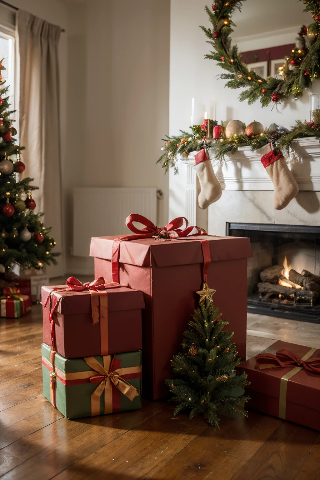 Border image with bright red Christmas gift boxes and Christmas tree leaves creating a Christmas atmosphere