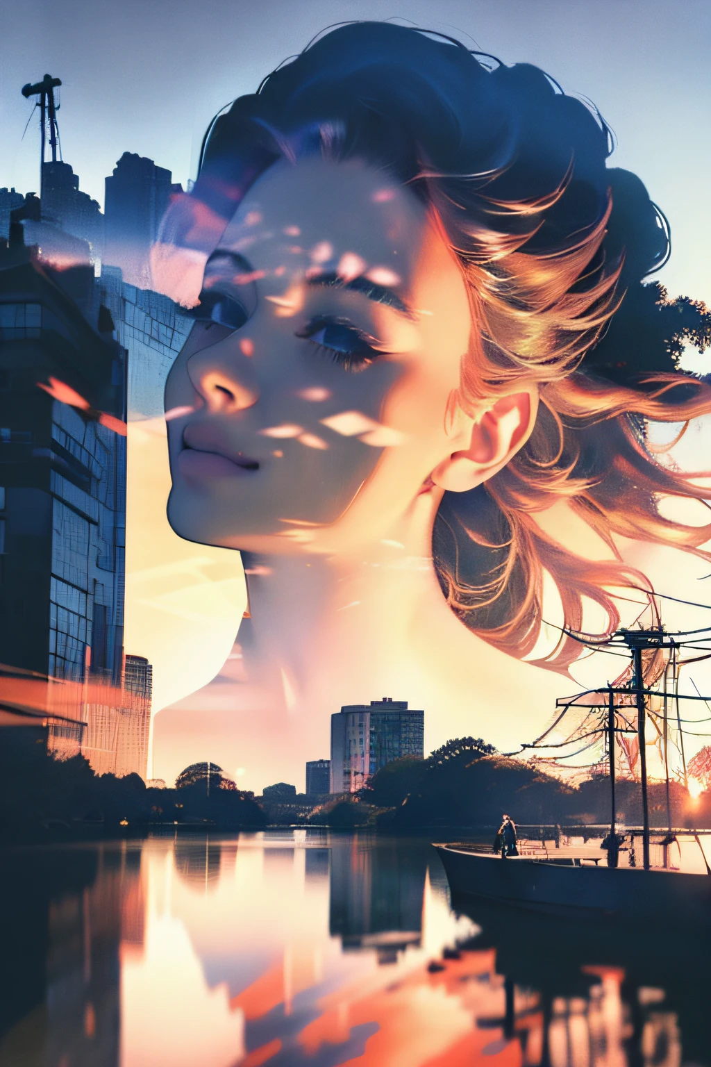 photoRealstic、((Super multiple exposure effect where the background can be seen through the clothes))、girl with、A smile、Lakeside in the background、Wonderful、towards the night view, If you leave the shutter open for a long time、create a line of light.
