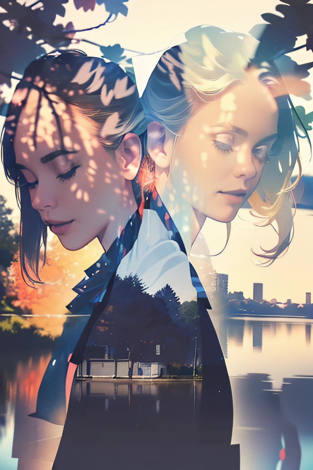 photoRealstic、((Super multiple exposure effect where the background can be seen through the clothes))、girl with、A smile、Lakeside in the background、Wonderful、towards the night view, If you leave the shutter open for a long time、create a line of light.