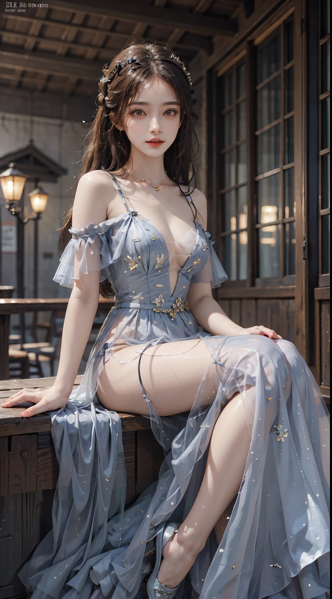 long dress,bare shoulders, fashi-girl, red lips, mature female, makeup, Big eyes, Pretty eyes, ((full body)), ((Random shooting angles)), (best quality, masterpiece:1.2), ultra-detailed, (realistic:1.37), beautiful, youthful, glamorous model with (detailed eyes, detailed lips, extremely detailed eyes), with white and floral colors, showcasing a radiant smile, creating a breathtaking depiction of a girl, Warm tones, extremely high color saturation, official art, extremely detailed CG unified 8k wallpaper,(High dynamic range :1.4), (cinematic),(soft colors, dull colors, soothing tones :1.3), (natural skin texture, ultra-realistic, soft light, sharp),(very detailed), Night, moonlight, In an antique pavilion, sit on a bench against the guardrail