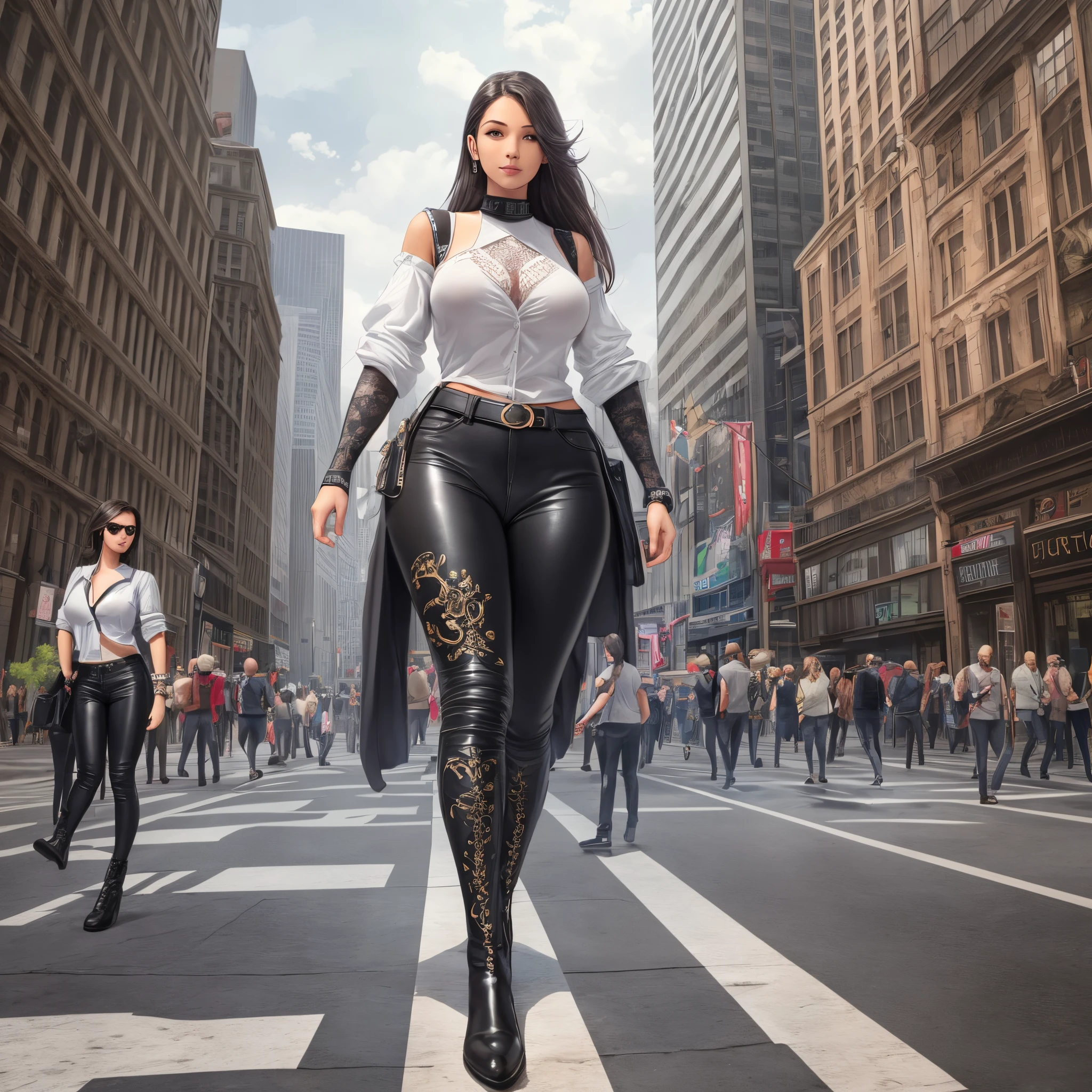 Giant woman who is 560 meters tall and walks in the middle of the city, wears tight black pants, wears black long boots, and wears a tight white shirt, Giant size woman, photo realistic, huge size, beautiful woman, many details, woman perfect., digital painting, digital illustration, extreme detail, digital art, 4k, ultra hd --auto --s2