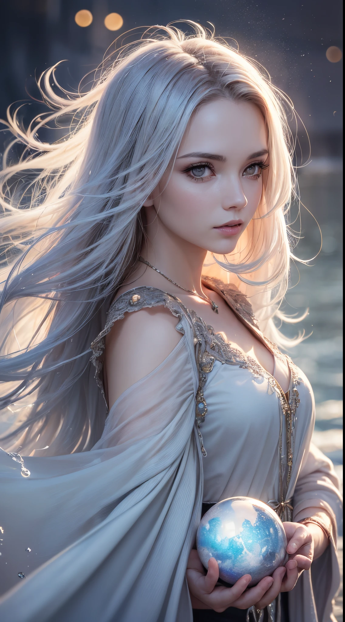 (Skindentation:1.5), Realistic, Photorealistic, (masutepiece:1.5), Concept art, Intricate details, Highly detailed, Photorealistic, Octane Render, 8K, Unreal Engine, Dynamic Pose, Best Quality, hight resolution, (Realistic face:1.1), (hyper realisitic:1.1), ((full_Body)), Perfect eyes,(Shiny skin:1.2), (((Hairstyle))), (((Perfect hand highly detailed background), Haunted Island, ((dynamic background)), ((Lightning)), (llight rays), (1girl in), wearing cloak, (((flowing cloak))), ((Detailed eyes, high quality eyes, face with high quality)), Long hair, (((Flowing hairstyle))), 1girl in ((controlling water)), (((whirlwind of water))), ocean, Tsunami, Magic, (creates a dramatic, depth of fields, Bokeh, 4K, Gothic, ((Sateen)), energy ball between hands