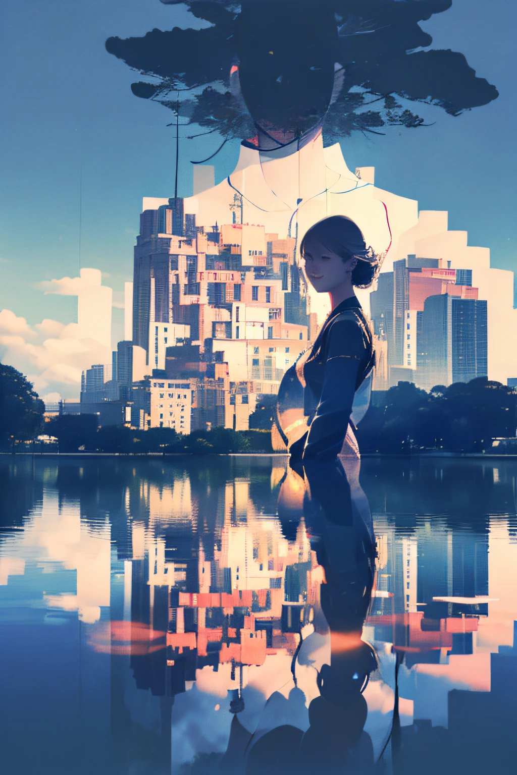 photoRealstic、((Super multiple exposure effect where the background can be seen through the clothes))、girl with、A smile、Lakeside in the background、Wonderful、towards the night view, If you leave the shutter open for a long time、create a line of light.