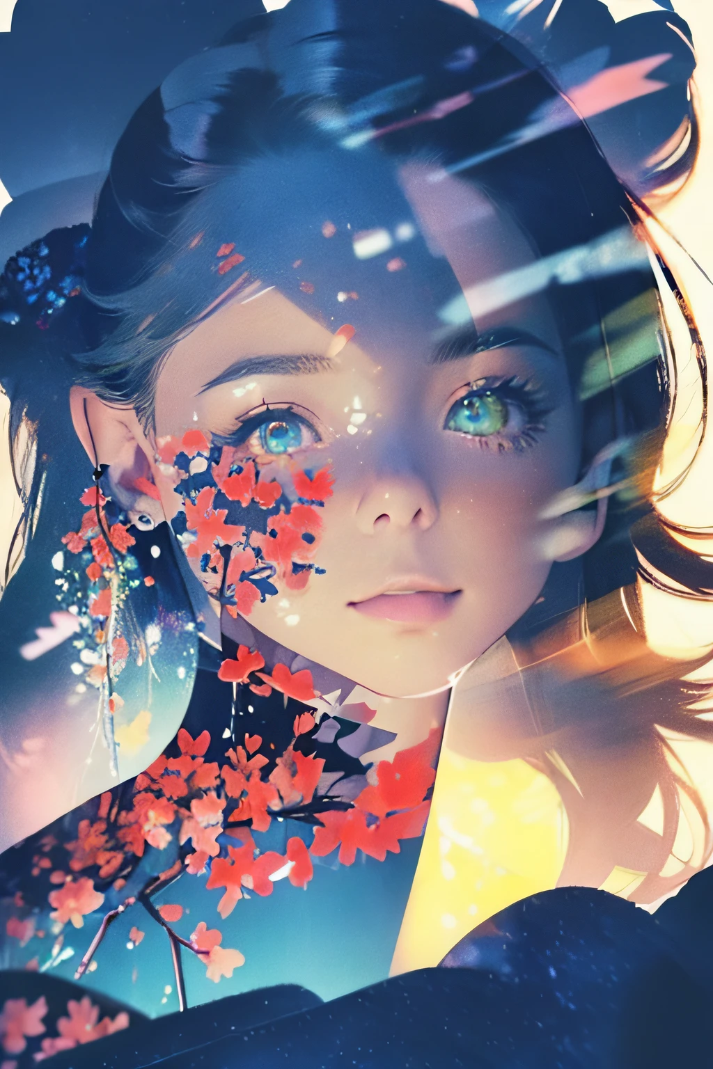 photoRealstic、((Super multiple exposure effect where the background can be seen through the clothes))、girl with、A smile、Lakeside in the background、Wonderful、towards the night view, If you leave the shutter open for a long time、create a line of light.