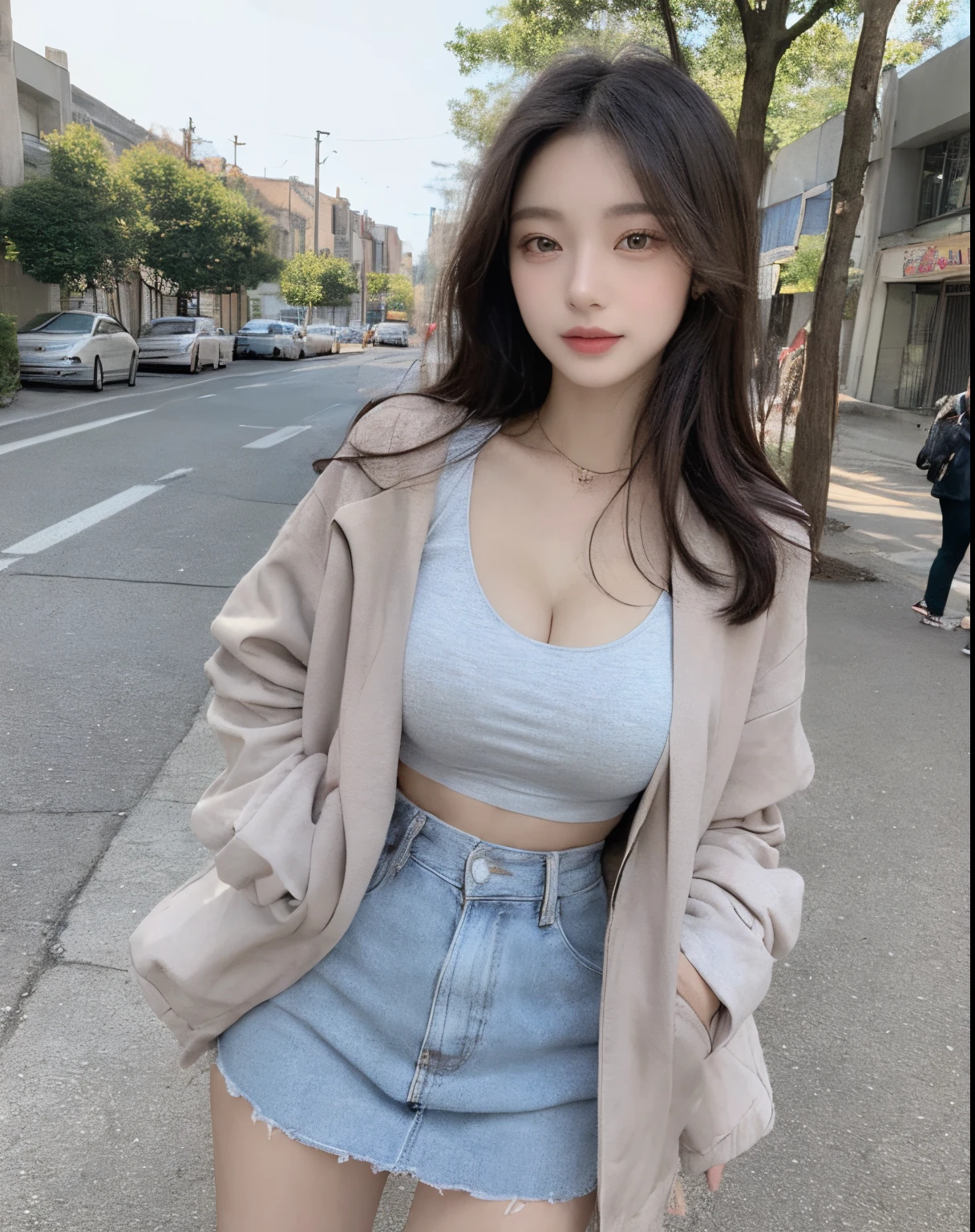 (((Best Quality, 8K, Masterpiece: 1.3,)), high-definition facial features, delicate facial feature, 1girl, Slim Abs Beauty: 1.3, ((long hair, Big Breasts: 1.3)), ((((wearing causal attire with jacket)))), Fine Face, (((Delicate Eyes))), Double Eyelids, Smile, looking at the viewer, (full body 1.5), (((street))), ((((natural background)))), bare legs