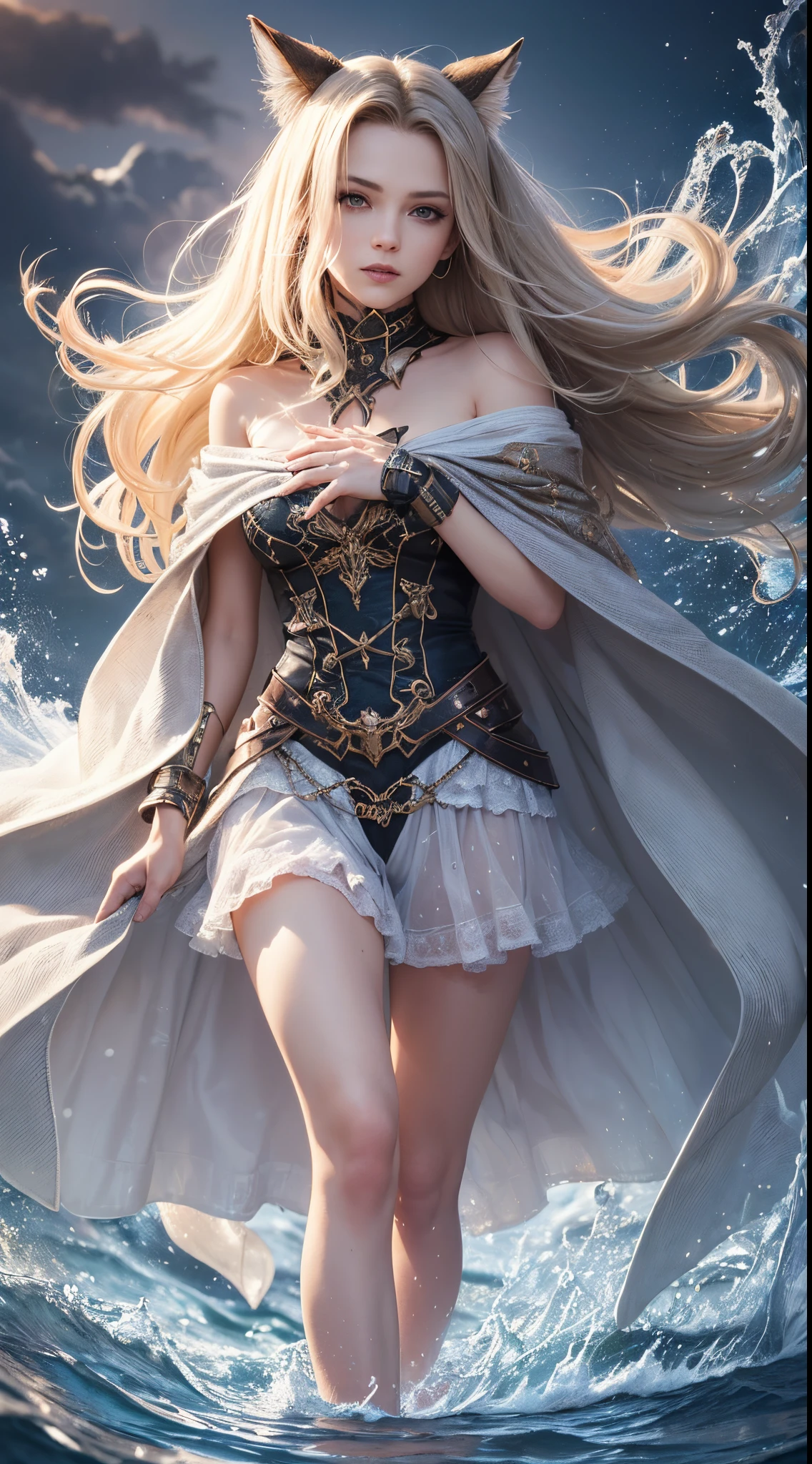 (Skindentation:1.5), Realistic, Photorealistic, (masutepiece:1.5), Concept art, Intricate details, Highly detailed, Photorealistic, Octane Render, 8K, Unreal Engine, Dynamic Pose, Best Quality, hight resolution, (Realistic face:1.1), (hyper realisitic:1.1), ((full_Body)), Perfect eyes,(Shiny skin:1.2), (((Hairstyle))), (((Perfect hand highly detailed background), Haunted Island, ((dynamic background)), ((Lightning)), (llight rays), (1girl in), wearing cloak, (((flowing cloak))), ((Detailed eyes, high quality eyes, face with high quality)), Long hair, (((Flowing hairstyle))), 1girl in ((controlling water)), (((whirlwind of water))), ocean, Tsunami, Magic, (creates a dramatic, depth of fields, Bokeh, 4K, Gothic, ((Sateen)), energy ball between hands