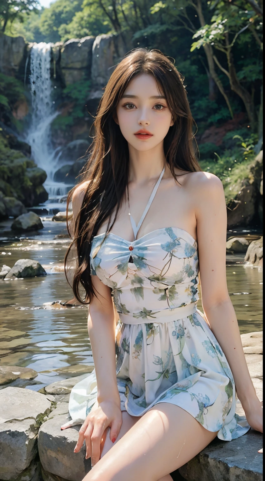 bare shoulders, dress, fashi-girl,red lips,mature female,makeup, makeup, ((cowboy shot)), (best quality, masterpiece:1.2), Sitting, sitting on a rock, ultra-detailed, (realistic:1.37), beautiful, youthful, glamorous model with (detailed eyes, detailed lips, extremely detailed eyes), with white and floral colors, showcasing a radiant smile, slender figure, long legs, creating a breathtaking depiction of a girl enjoying the water,  realistic waterfalls, wet clothes and hair,  radiant sunlight,  lush greenery, refreshing mist, Elegant pose, random pose, random Angle of view, Getting wet under a waterfall, The waterfall fell on her