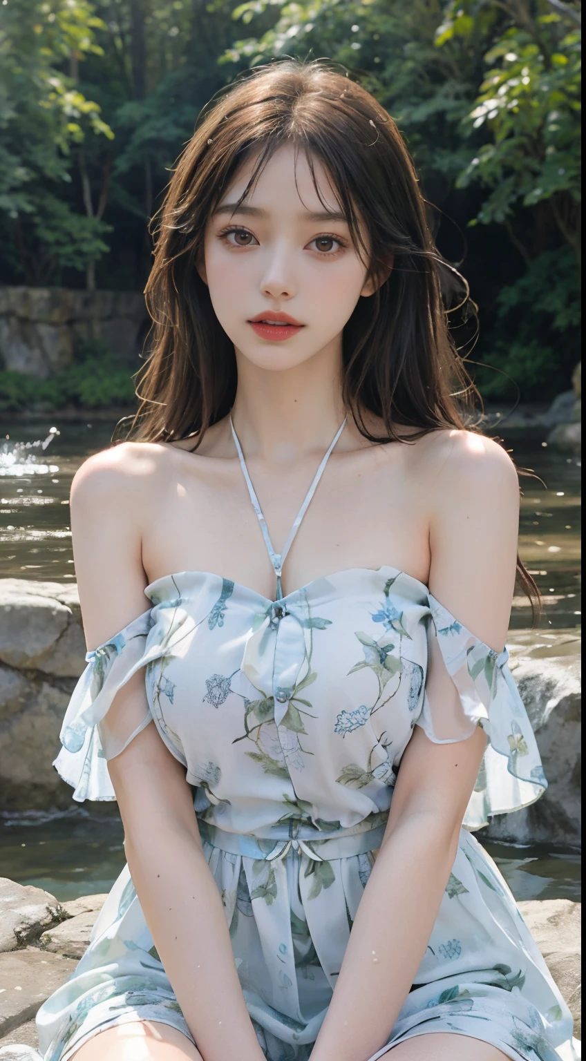 bare shoulders, dress, fashi-girl,red lips,mature female,makeup, makeup, ((cowboy shot)), (best quality, masterpiece:1.2), Sitting, sitting on a rock, ultra-detailed, (realistic:1.37), beautiful, youthful, glamorous model with (detailed eyes, detailed lips, extremely detailed eyes), with white and floral colors, showcasing a radiant smile, slender figure, long legs, creating a breathtaking depiction of a girl enjoying the water,  realistic waterfalls, wet clothes and hair,  radiant sunlight,  lush greenery, refreshing mist, Elegant pose, random pose, random Angle of view, Getting wet under a waterfall, The waterfall fell on her