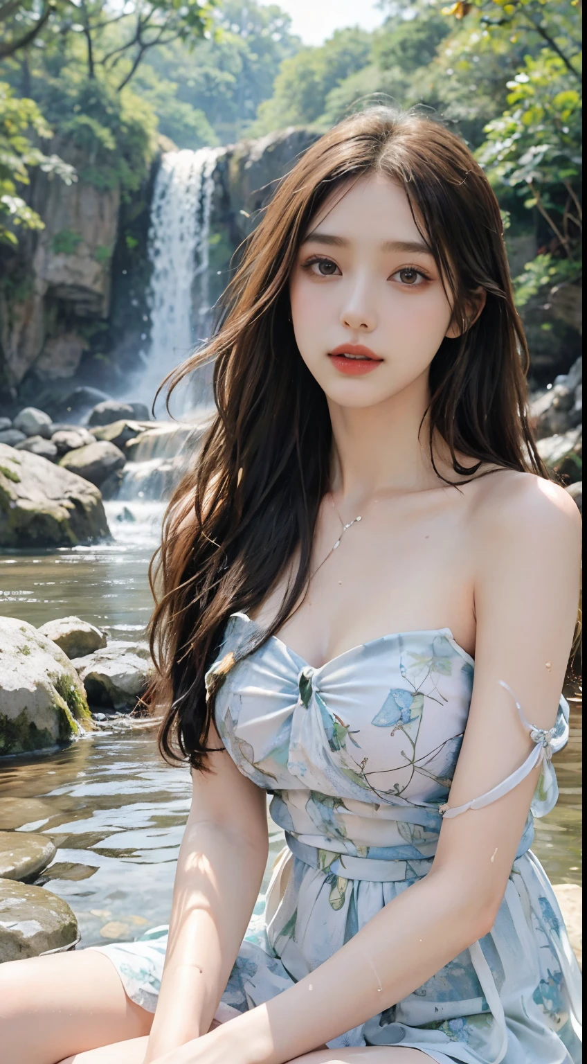 bare shoulders, dress, fashi-girl,red lips,mature female,makeup, makeup, ((cowboy shot)), (best quality, masterpiece:1.2), Sitting, sitting on a rock, ultra-detailed, (realistic:1.37), beautiful, youthful, glamorous model with (detailed eyes, detailed lips, extremely detailed eyes), with white and floral colors, showcasing a radiant smile, slender figure, long legs, creating a breathtaking depiction of a girl enjoying the water,  realistic waterfalls, wet clothes and hair,  radiant sunlight,  lush greenery, refreshing mist, Elegant pose, random pose, random Angle of view, Getting wet under a waterfall, The waterfall fell on her