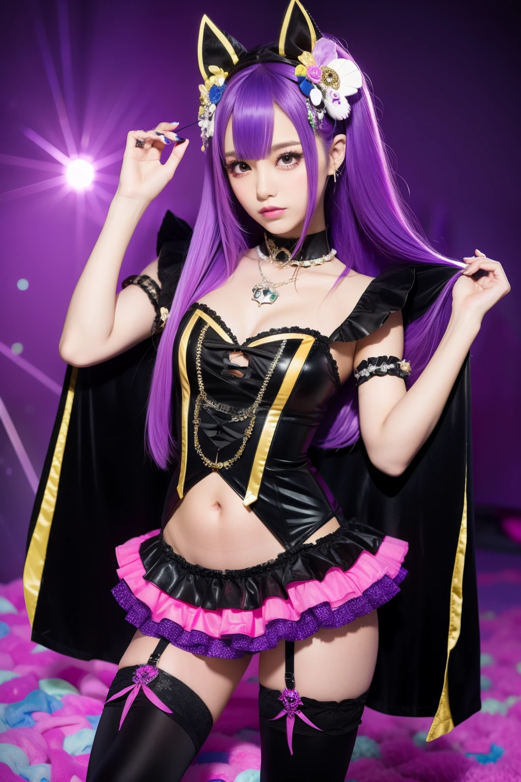 sexy woman who controls poison、smiling face、lipgloss、intense makeup、look at the camera、full body Esbian、、sparkling poisoned flower costume、、、、sparkling Colorful hair、secrete poison、skull hair accessories, detailed tights、shiny sparkling flowers background