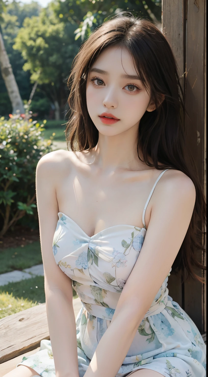 bare shoulders, dress, fashi-girl, red lips, mature female, makeup, Big eyes, Pretty eyes, ((full body)), ((Random shooting angles)), (best quality, masterpiece:1.2), ultra-detailed, (realistic:1.37), beautiful, youthful, glamorous model with (detailed eyes, detailed lips, extremely detailed eyes), with white and floral colors, showcasing a radiant smile, creating a breathtaking depiction of a girl, Warm tones, extremely high color saturation, official art,   extremely detailed CG unified 8k wallpaper,(High dynamic range :1.4), (cinematic),(soft colors,  dull colors,  soothing tones :1.3), (natural skin texture, ultra-realistic, soft light, sharp),(very detailed), Night, moonlight, In an antique pavilion, sit on a bench against the guardrail