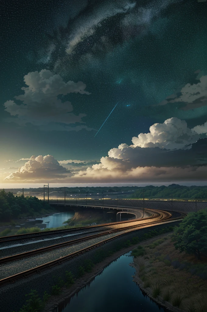 High-quality masterpieces, scenecy, clouds, Cartoon train passing a body of water on the tracks in the distance, Bright starry sky. visitor, romantic lighting, pixiv, concept-art, Loepfe Art Style, Reflectors. Shinkai sincerely, Raffe Art, beautiful anime scenes, Anime landscapes, Detailed view — width 672, Makoto Shinkai's style, Makoto Shinkai's style, Enhance details.