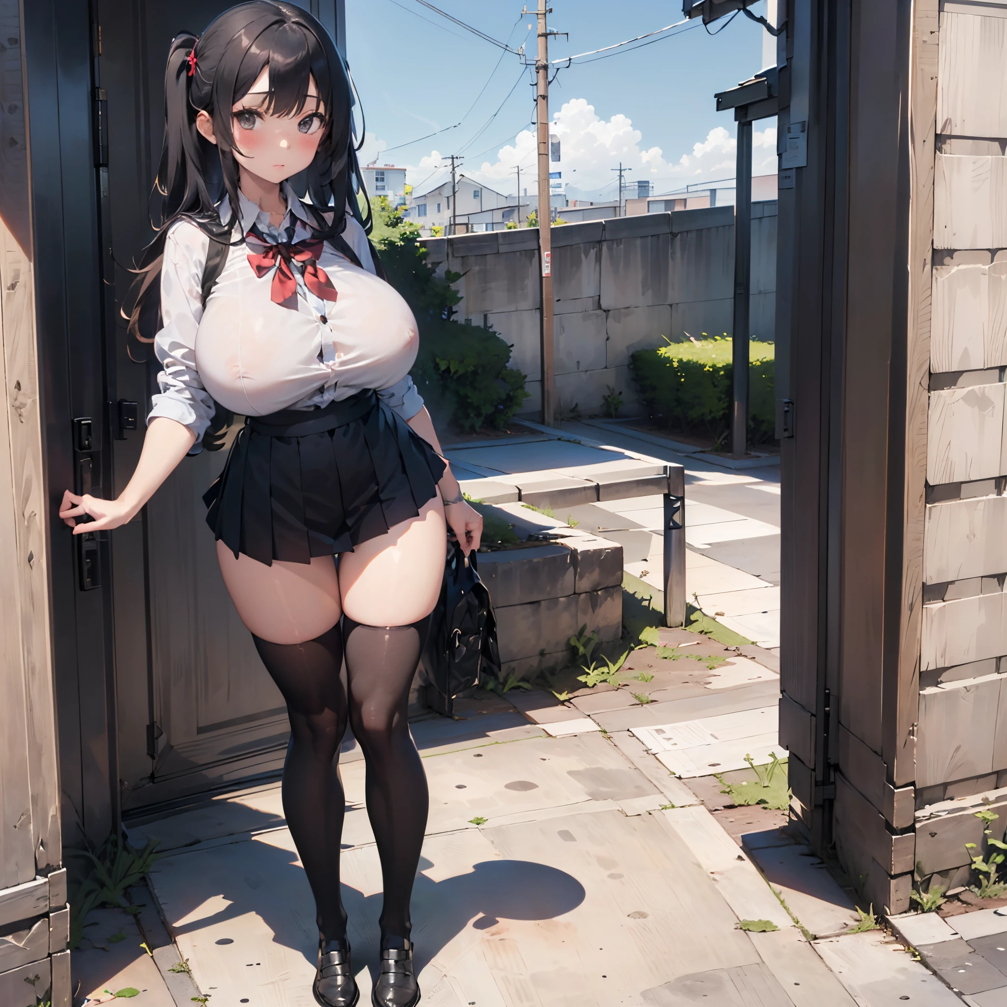 (solo girl standing:1.3), (solo:2.0), (huge perky breasts:1.7), thin waist, (thin long legs:1.5), (black thighhighs:1.3), (very short skirt:1.5), nose blush, school uniform