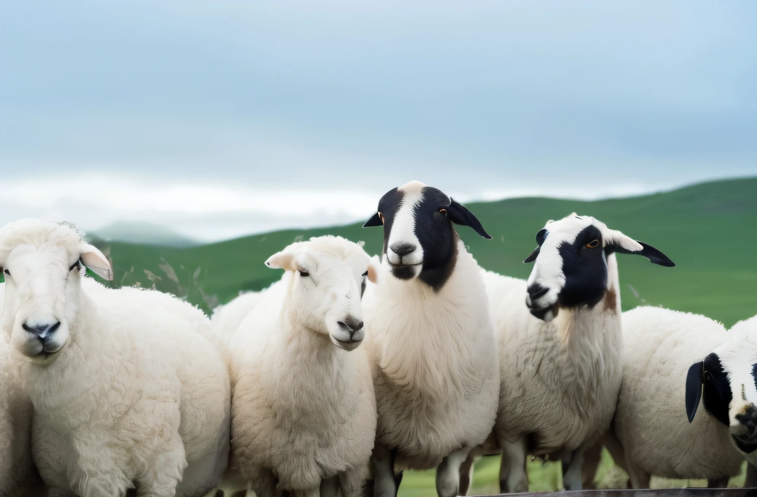 "(Best quality at best,4K,A high resolution,tmasterpiece:1.2),ultra - detailed,actual,woman holding sheep on grass (Have appropriate physical characteristics) (Pecola's face should look like a real sheep),peasant (The farmer should look like a real person),fleece,Shepherd standing next to sheep,vast rural scenery,Poster format,Focus sharp."