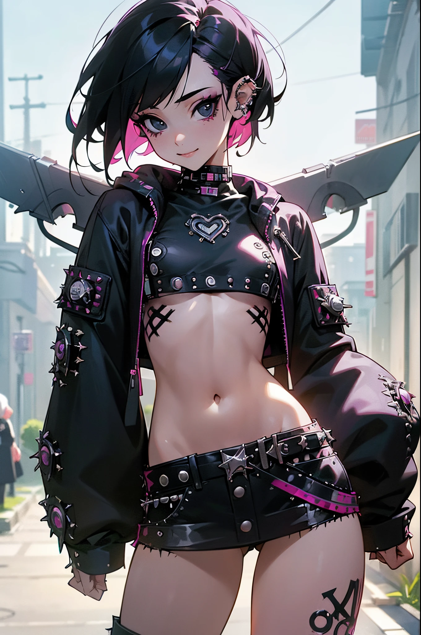 (Official art、Best Quality、Unity 8k Wallpapers、32K、 masterpiece、ultra-detailliert、High resolution,Perfect Anatomy),(natural soft light:1.2),Detailed beautiful face and eyes,best cel anime,20-year-old beauty、japanes、(bob hair),black hair,black eyes,smile,skinny:1.2,ideal ratio body proportions:1.2,tiny breast,gleaming skin,((punk fashion:1.5)、a miniskirt、cyber punk,Bustling street、