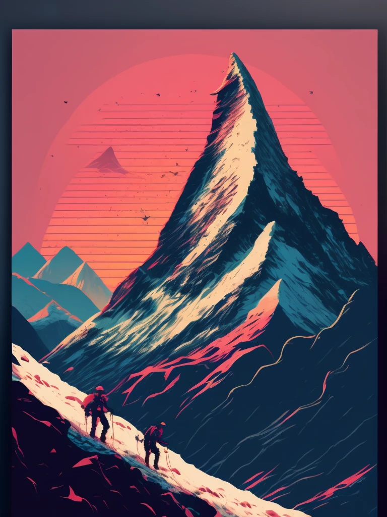 Matterhorn with climbers, sunset, flat design poster, not too complex, modern, 4k, epic composition, flat vector art illustration, very realistic, vibrant colours, long shot