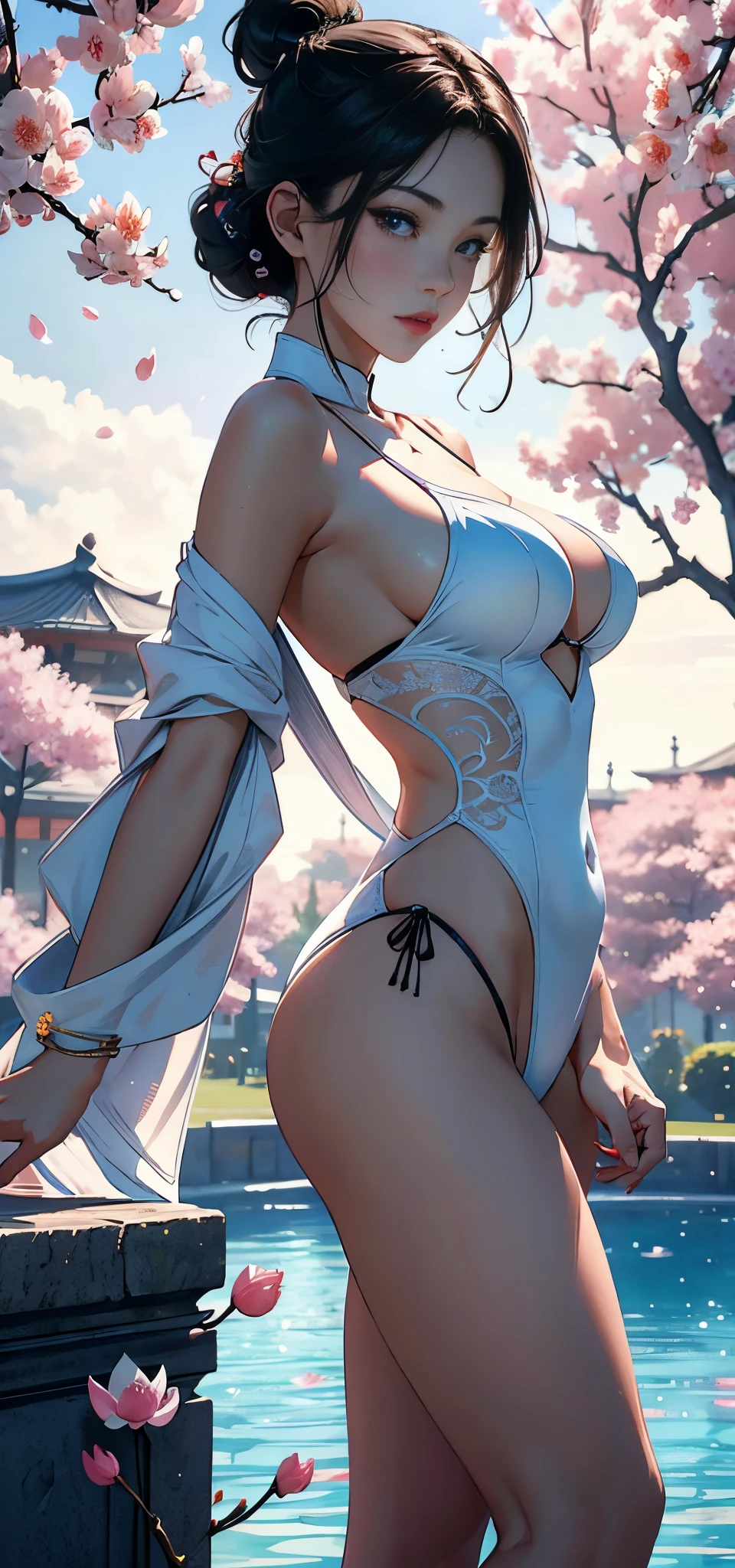 1female,35yo,plum,Very huge breasts and tiny waist,legs long, 独奏,(Background with:cherry blossom forest,lotus flower,swimmingpool),legs are open,equipment, , She has short black hair,Stand on a lotus leaf,seen from the front, single hair bun, The sky is mostly cloudy,(((tmasterpiece),(Very detailed CG unified 8k wallpaper),Best quality at best,电影灯光,detailed back ground,Beautiful and delicate eyeless right pupil,Snow-whiteskin,Redlip(very delicate beautiful),(Beautiful and detailed eye descriptions),ultra - detailed,tmasterpiece,))facing at the camera,A high resolution,ultra - detailed),violent weapons, convex,legs are open,Raised sexy,Camel toe skin color,unsatisfied desire,Street,swimmer,Swimsuit fight,a sailor suit