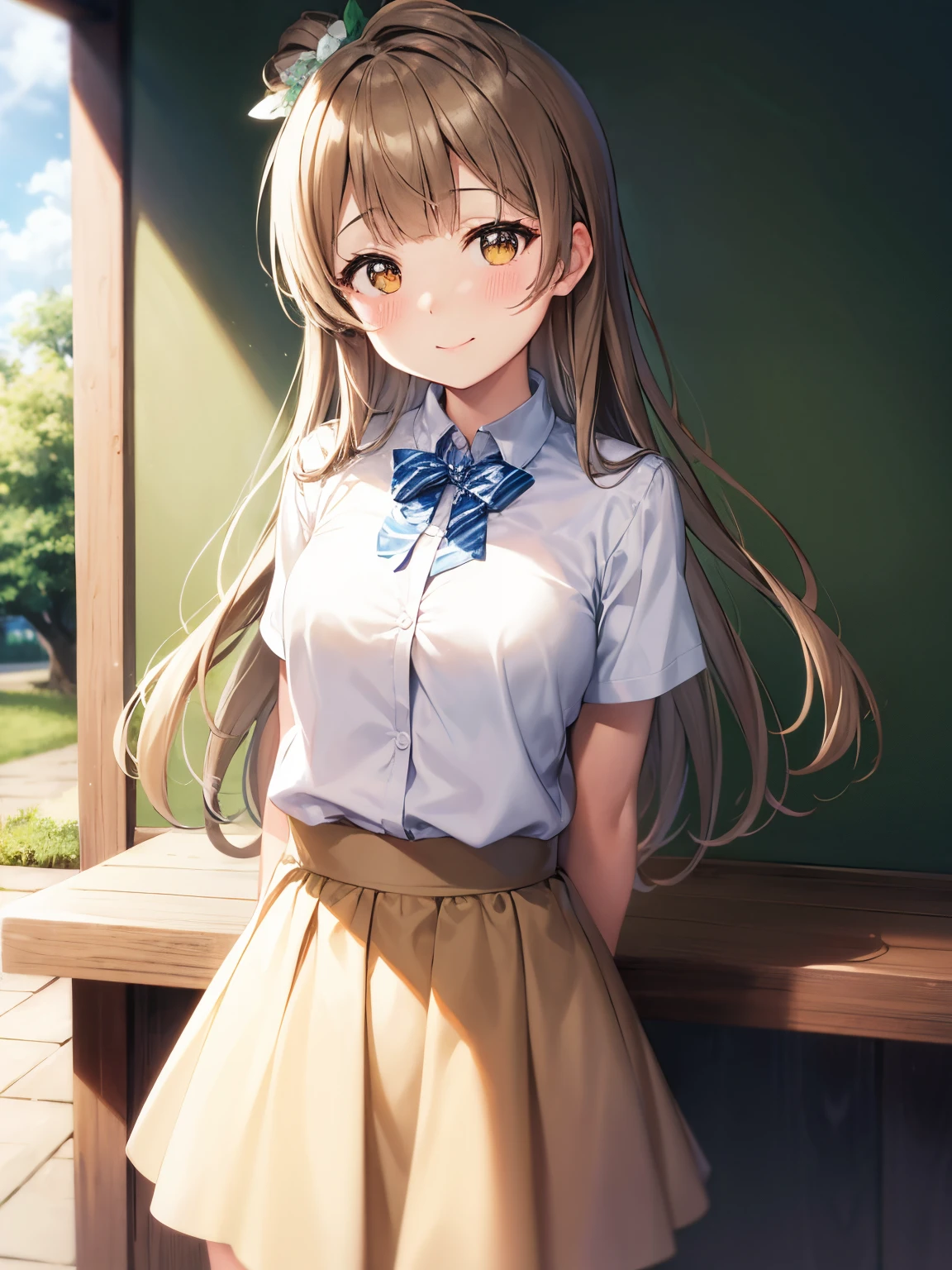 top-quality、anime girl with brown hair and beautiful flowers々Park where flowers bloom Kotori Minami、Arms behind your back、、 [3D images:1.15],hight resolution、a park、Best Quality, High resolution, front-facing view、long hair overall、1girl in, firm face, Smile, Kotori, Long hair, Brown hair,、Fine fingers、Bright pupils, Cute clothes、ＴThe shirt、The shirt、Cute skirt、skirt by the, White skirt、absolute reference to center、During the walk、Dating、Fine fingertips